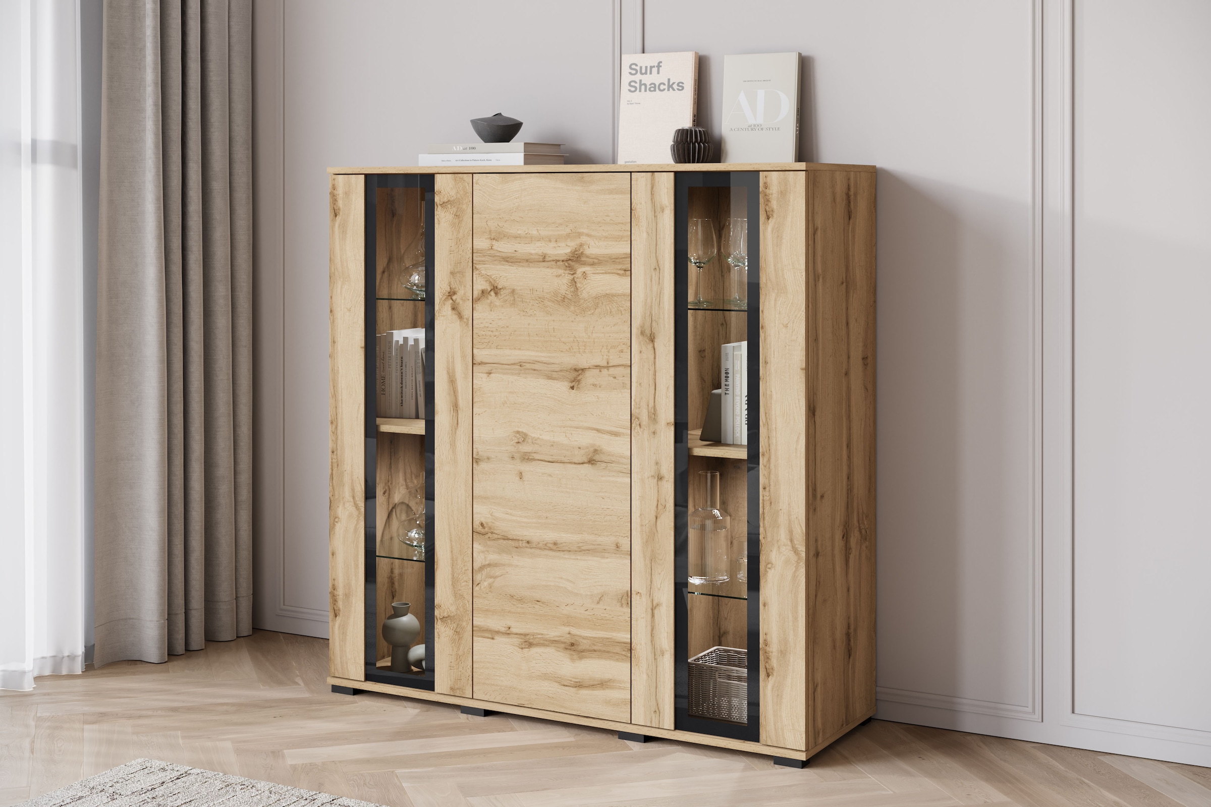 INOSIGN Highboard »Caro, modernes Design mit Glaseinsätzen, Breite 120 cm«, (1 St.), grifflose Fronten mit Push-to-Open, höhenverstellbare Einlegeböden