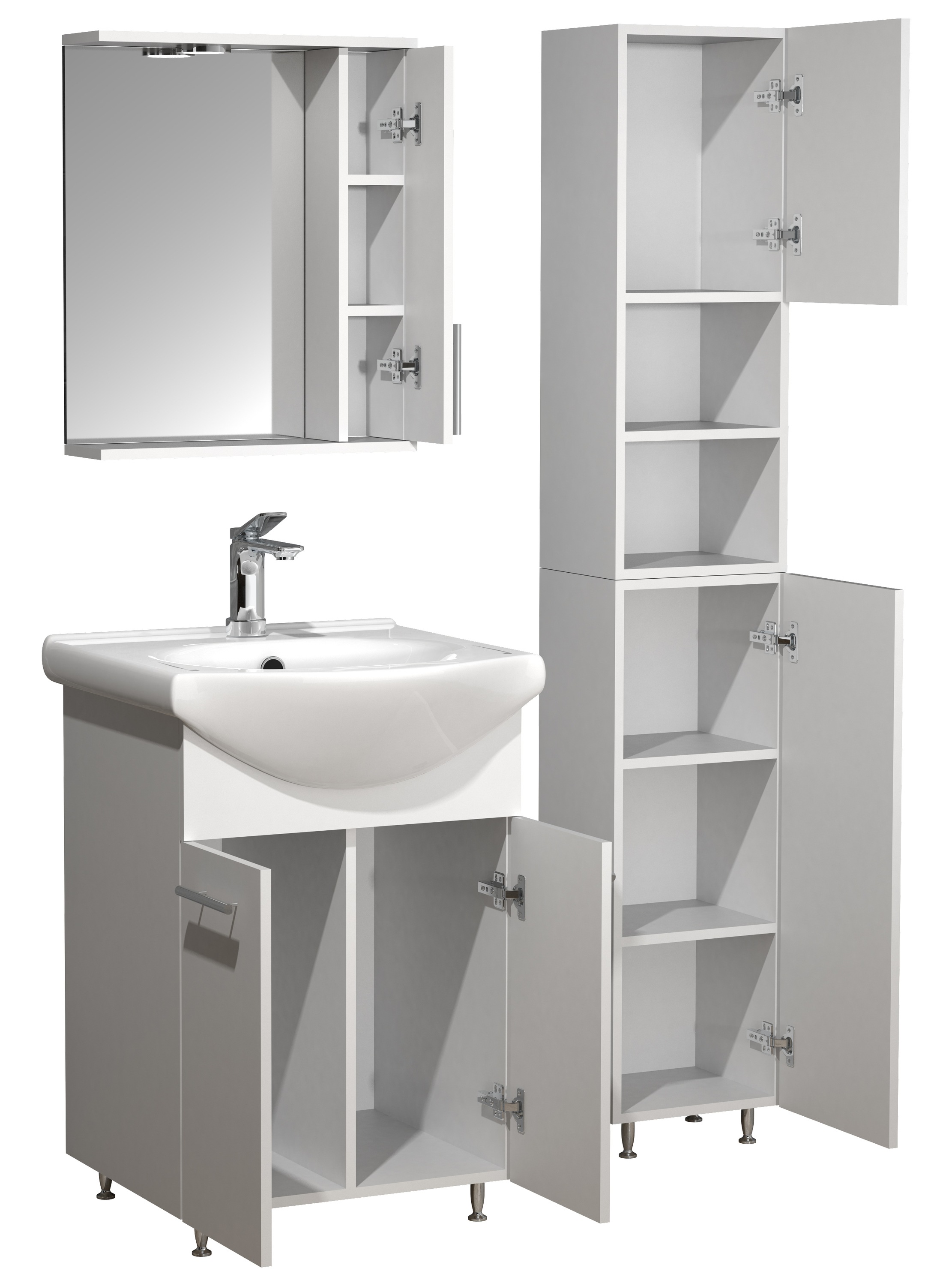 VCM Waschbeckenunterschrank »VCM 4-tlg. Waschplatz Waschtisch Badmöbel Set Waschbecken Spiegeschrank Hochschrank Drehtüren Lisalo M«, (4 St.)