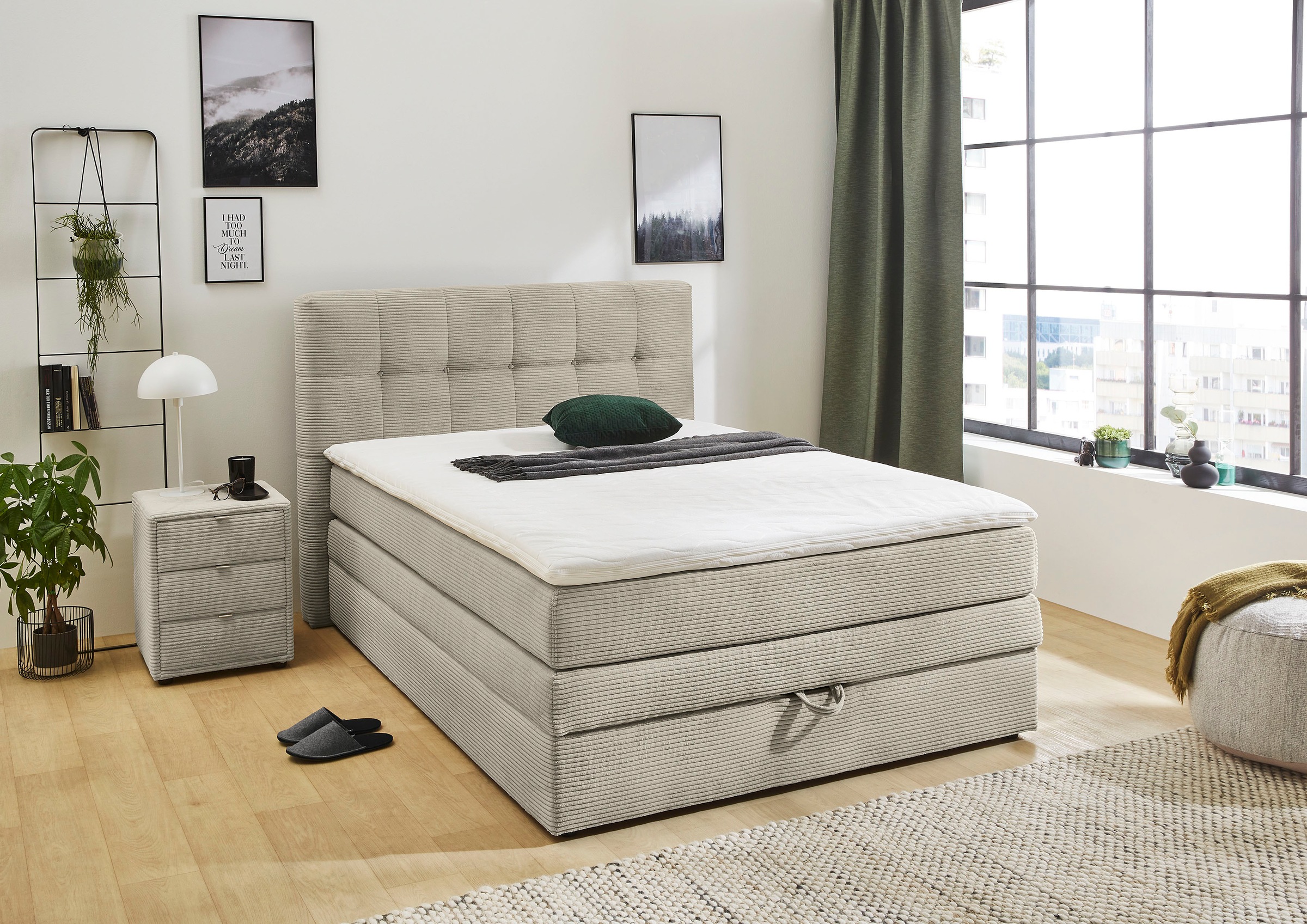 Jockenhöfer Gruppe Boxspringbett "AMY mit Bettkasten, inkl. Bonnell- oder Taschenfederkernmatratze H2-H4" mit 6 cm Kaltschaum-Topper, Cord-Bezug, 120x200 und 140x200 cm