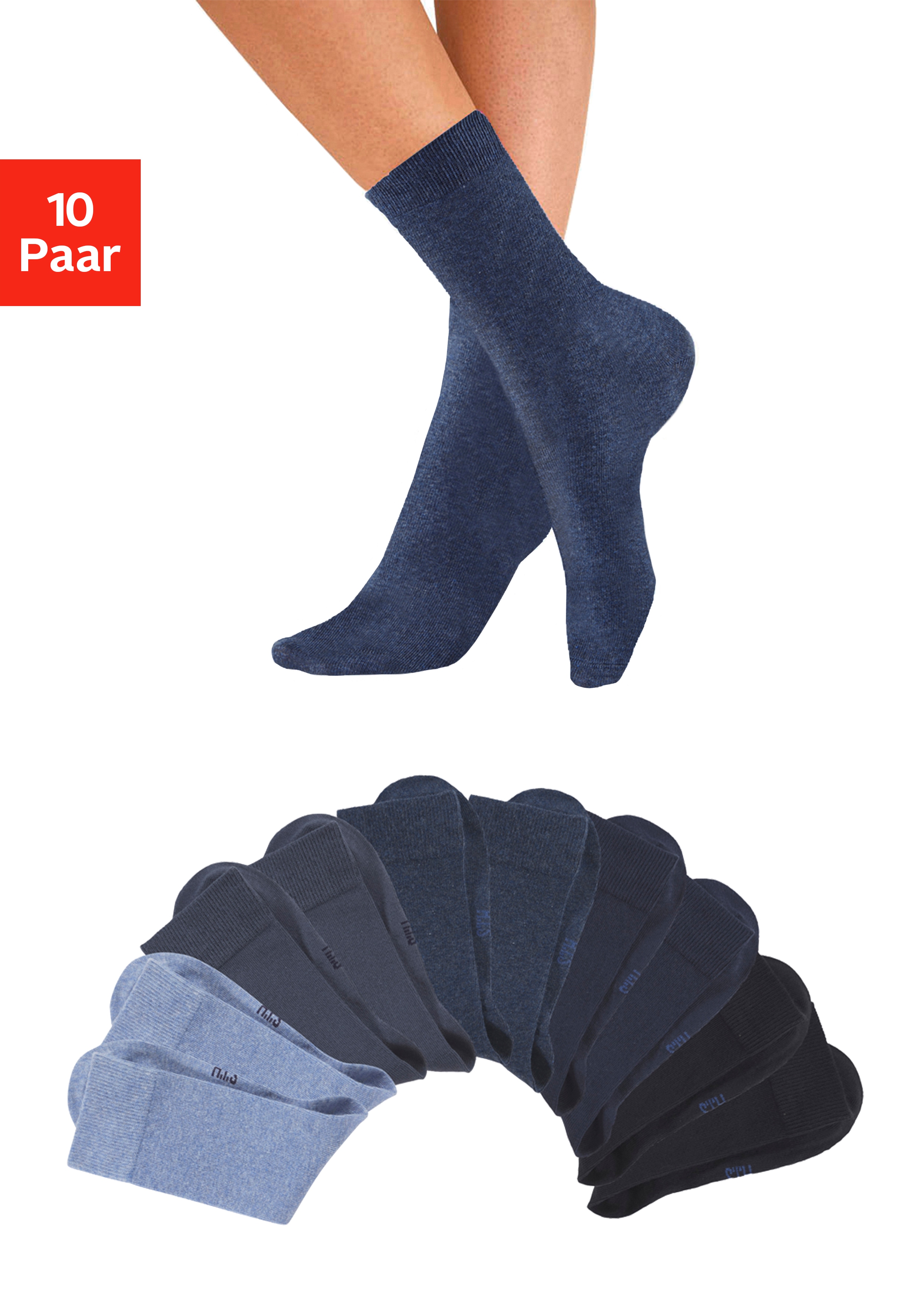 H.I.S Freizeitsocken "Damen und Herren Atmungsaktiver Baumwollanteil; Business, Basic" Packung, 10 Stk. tlg. mit weichen Rippbündchen