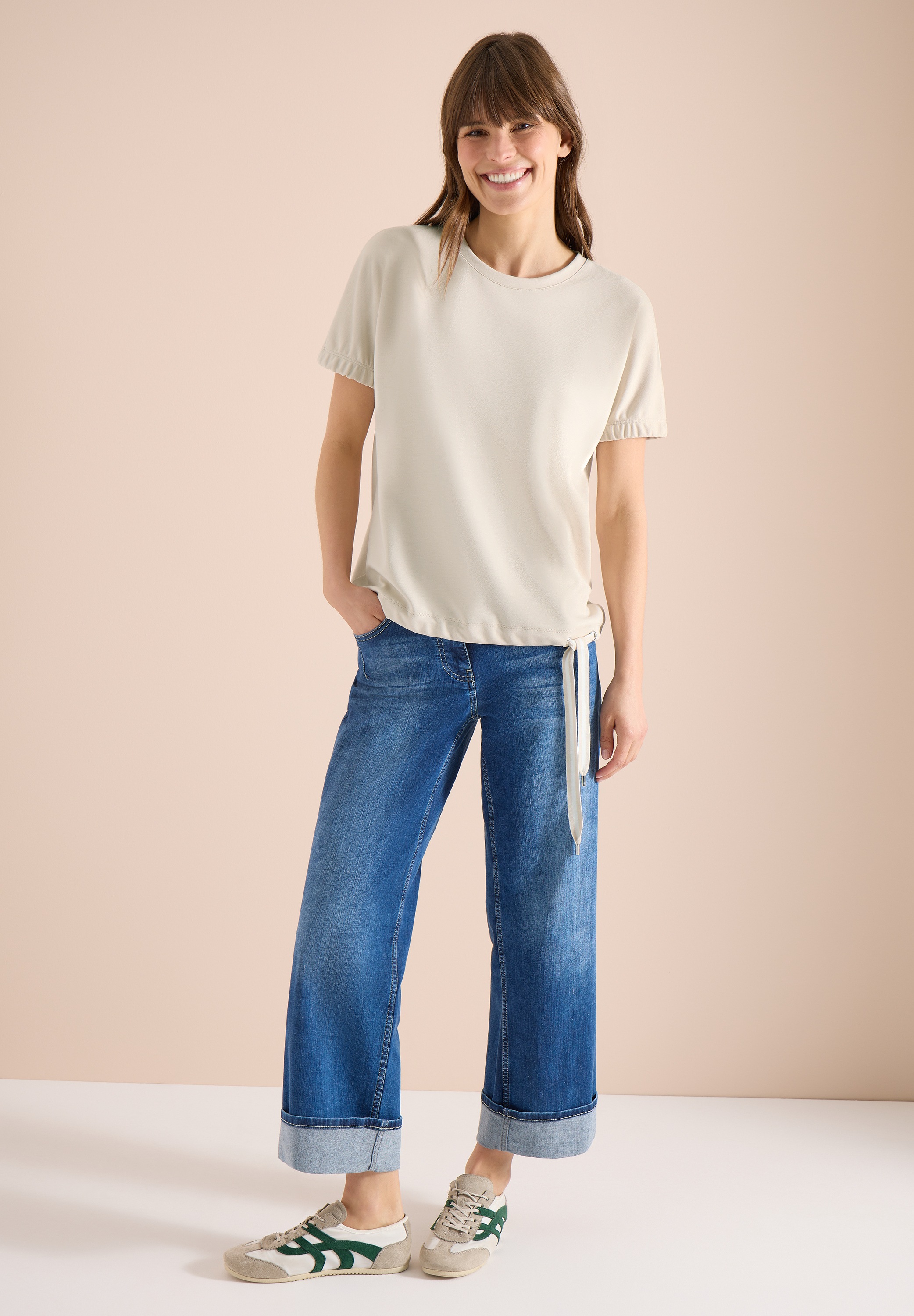 T-Shirt CECIL, Damen, Gr. M (40), pearl beige, Stoff, 48% Polyester, 48% Viskose, 4% Elasthan, unifarben, comfort fit normal, Rundhals, Bündchen, Shirts T-Shirt, Jersey 2