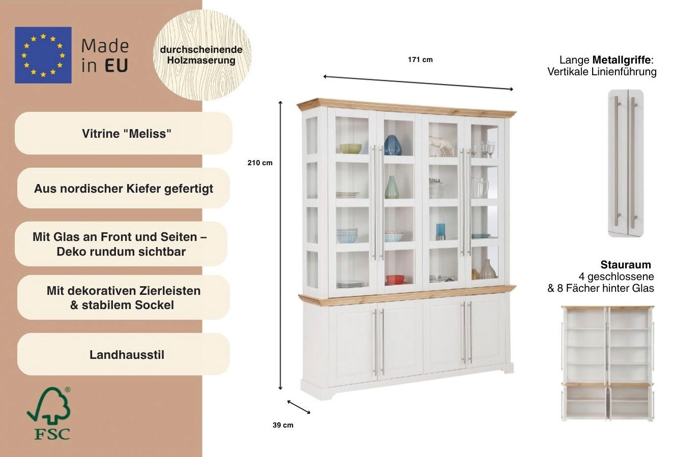 Home affaire Vitrine "Meliss" aus massiver Kiefer, FSC zertifiziert, Breite günstig online kaufen
