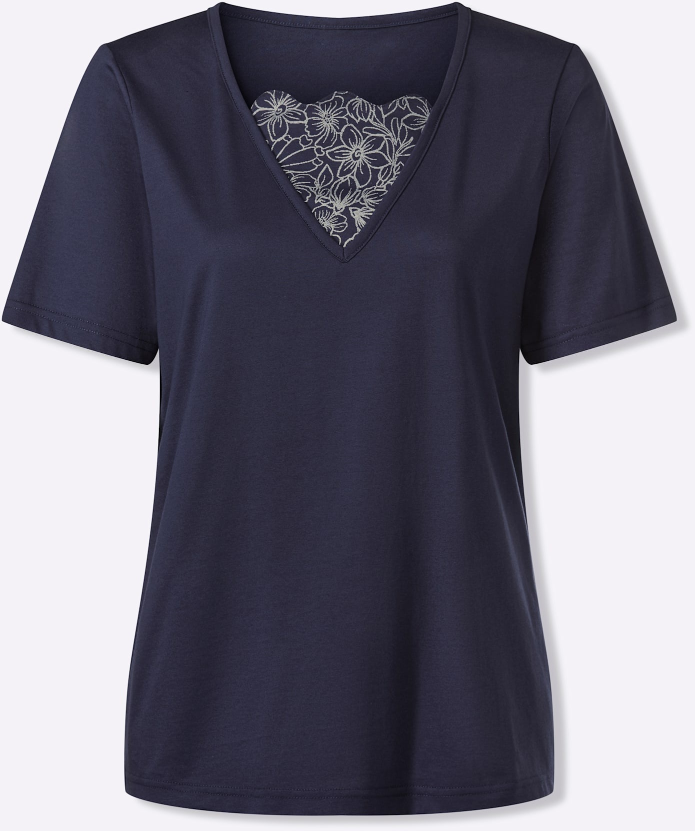 2-in-1-Shirt CLASSIC BASICS "2-in-1-Shirt", Damen, Gr. 56, marine, 100% Baumwolle, bedruckt, geblümt, gemustert, mehrfarbig, metallic, V-Ausschnitt, Shirts 2-in-1 Shirt 3