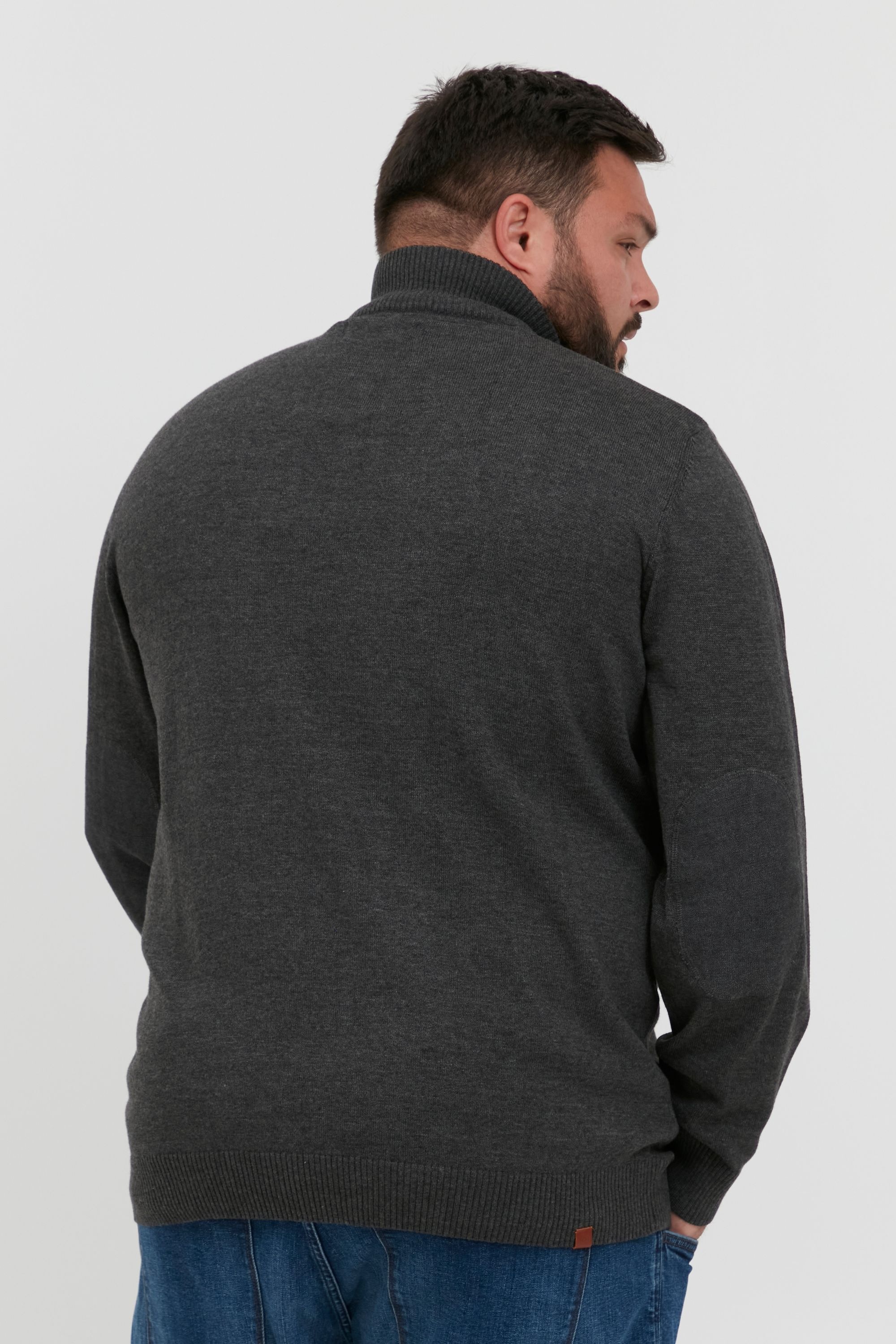 Strickpullover BLEND "BHRobin Big & Tall", Herren, Gr. 5XL, charcoal mix, Feinstrick, 50% Baumwolle, 50% Polyacryl, unifarben, regular fit normal, ohne Ausschnitt, eingesetzt, Pullover Strickpullover, Strickpullover mit Leder-Patch in großen Größen 6