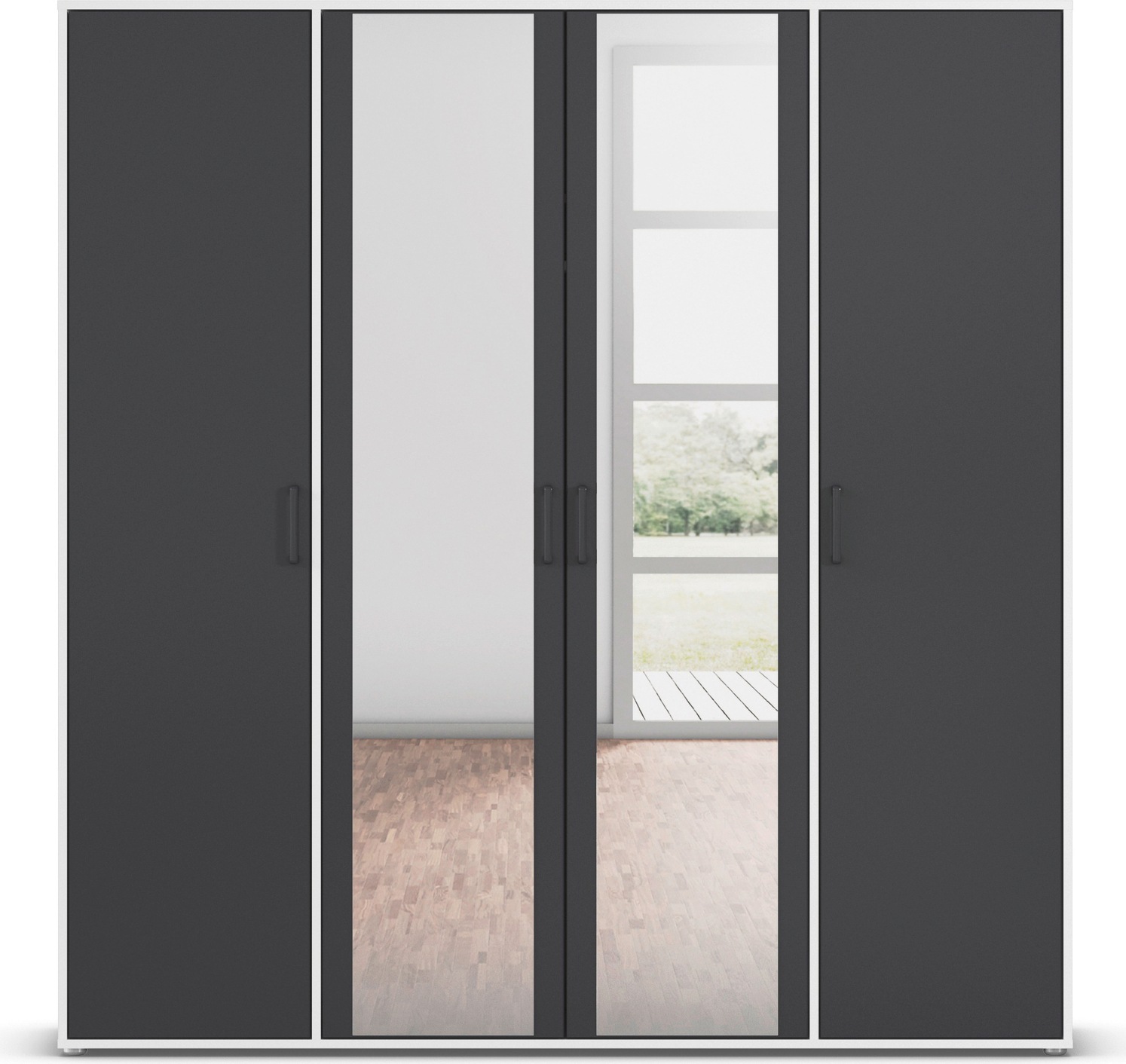 rauch Drehtürenschrank »Kleiderschrank Schrank Garderobe Wäscheschrank VOYAGER«, (in 3 verschiedenen Ausstattungen BASIC/CLASSIC/PREMIUM), mit modernen Griffen in Graumetallic und Spiegel
