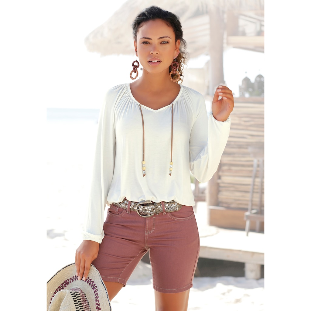 s.Oliver Strandshirt, mit Bindeband am Ausschnitt, lockere Passform, Boho-Style