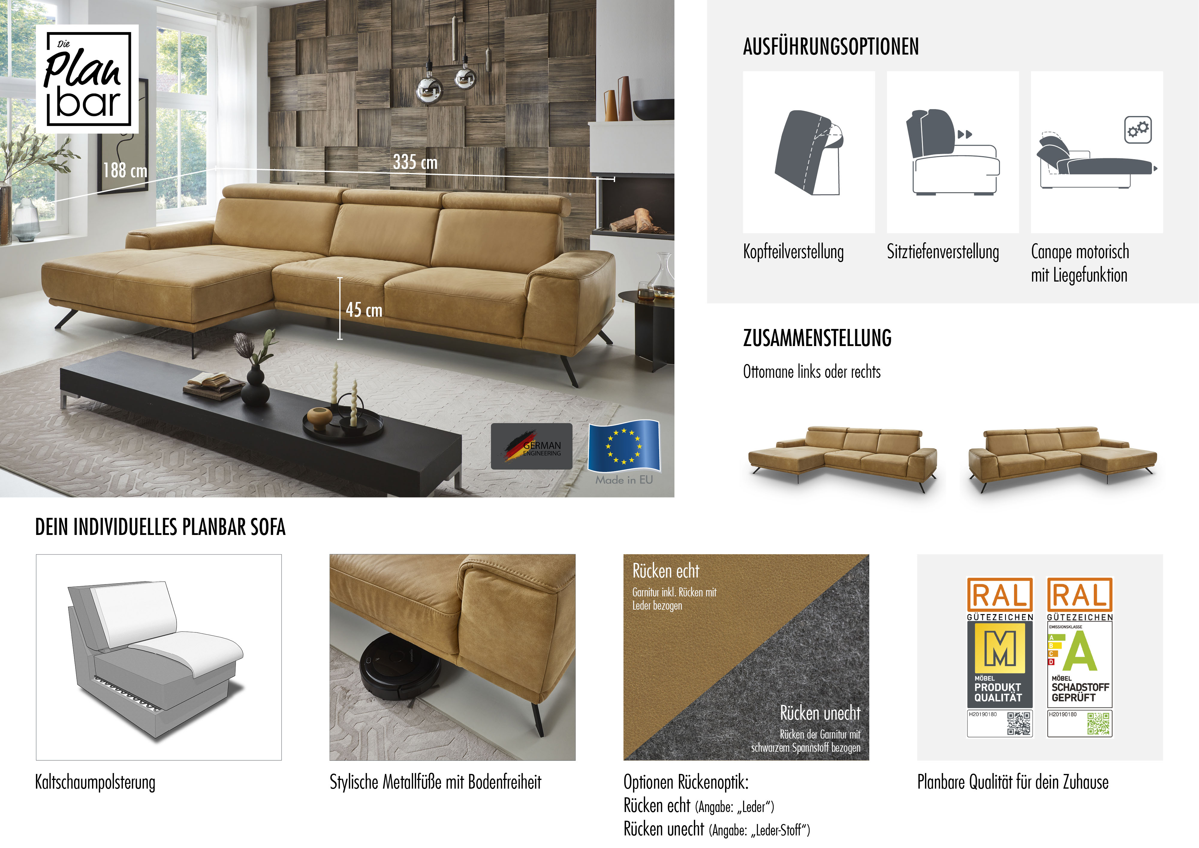 Thumbnail - Die PlanBar Ecksofa "PN-EM22041 L-Form", wahlweise motorisches Canape oder Sitztiefenverstellung