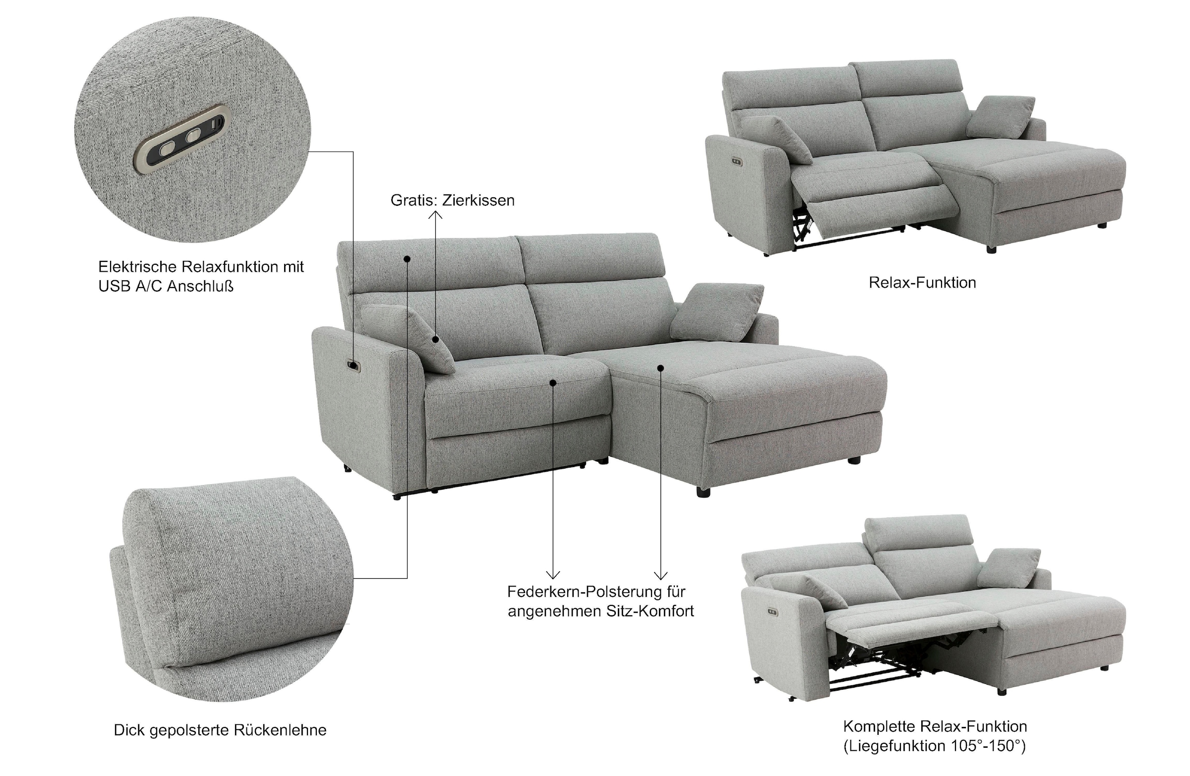 INOSIGN Ecksofa »JENNA, L-Form,  209cm, manuelle u. elektrische Funktion, mit USB A/C,« Liegefunktion 105°-150°, Federkern, Cord
