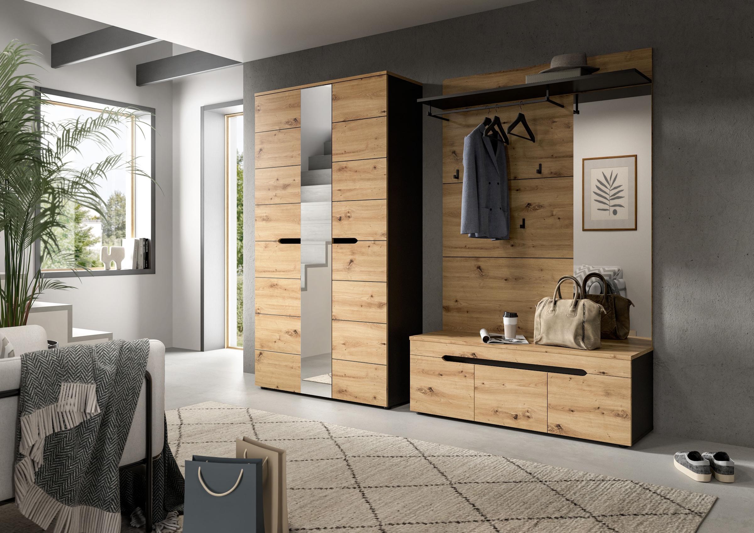 Home affaire Garderoben-Set »REHAT, TOPSELLER!, 3-teilig, Breite 240 cm, individuell stellbar« Set, best. aus: Garderobenschrank, Sitzbank & Garderobenpaneel, 3 Stk. tlg.