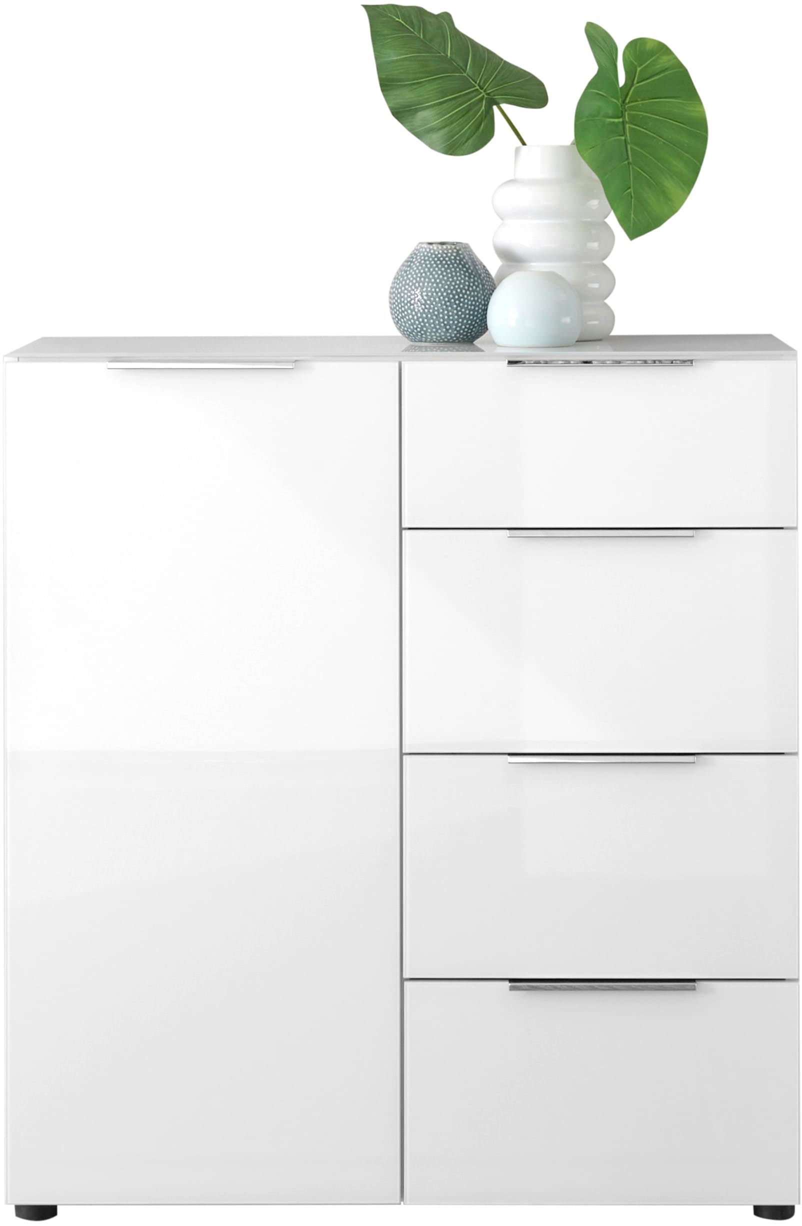 HBZ Sideboard »Santorin Mehrzweckschrank-Universalschrank, BxHxT 90x99x40 cm«, (1 St.), Mit 1 Tür und 4 Schubkästen mit Softclose, Glasfront und Glasoberboden