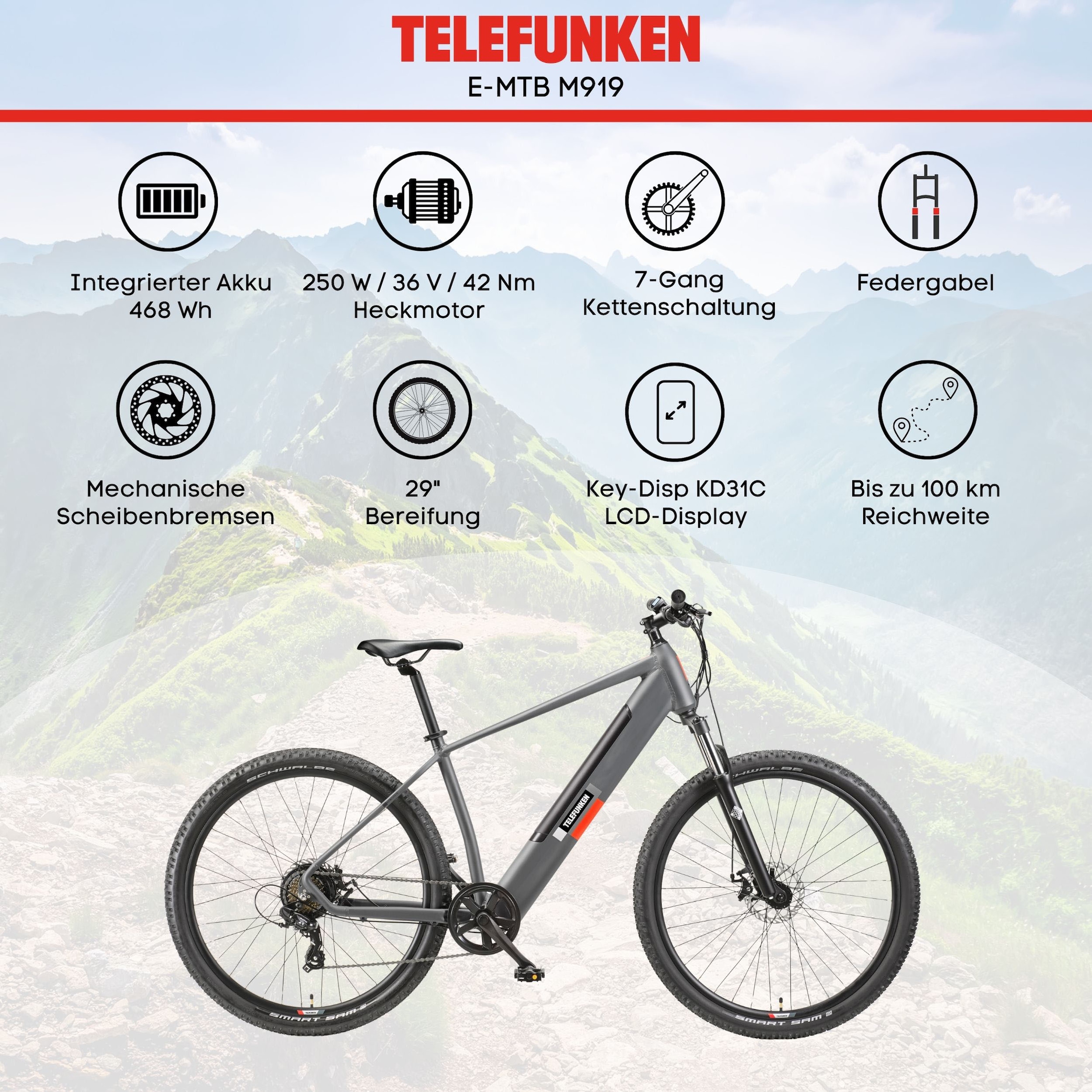 Telefunken E-Bike »E-MTB Aufsteiger M919«, 7 Gang, Shimano, Tourney, Heckmotor 250 W, Pedelec, Elektrofahrrad, Damen u. Herren, E-MTB, Mountainbike, 29 Zoll