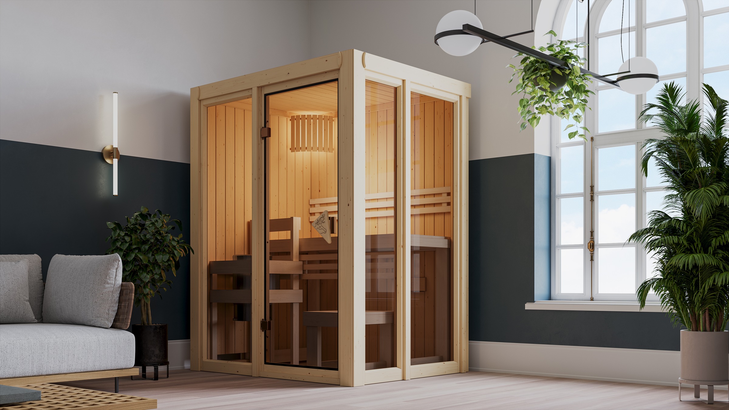 KARIBU Sauna "Ivana 1", ohne Ofen, ohne Steuerung, (ohne Ofen), beige, Saunen, Ganzglasfront, 3,6 kW Ofen mit intgr. Steuerung