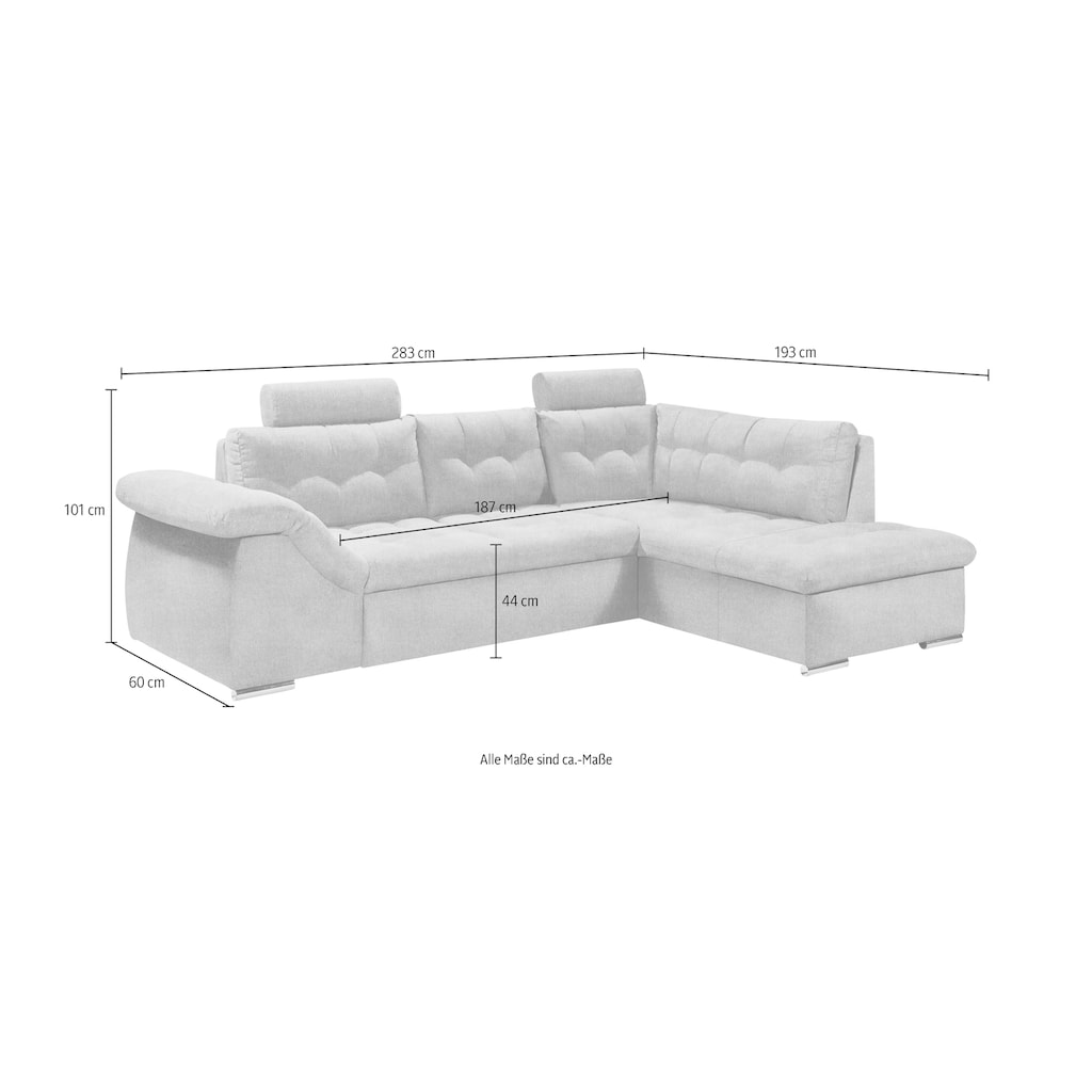 ED EXCITING DESIGN Ecksofa Oman, mit Bettfunktion, Bettkasten, Armteilverstellung und  Kopfstützen