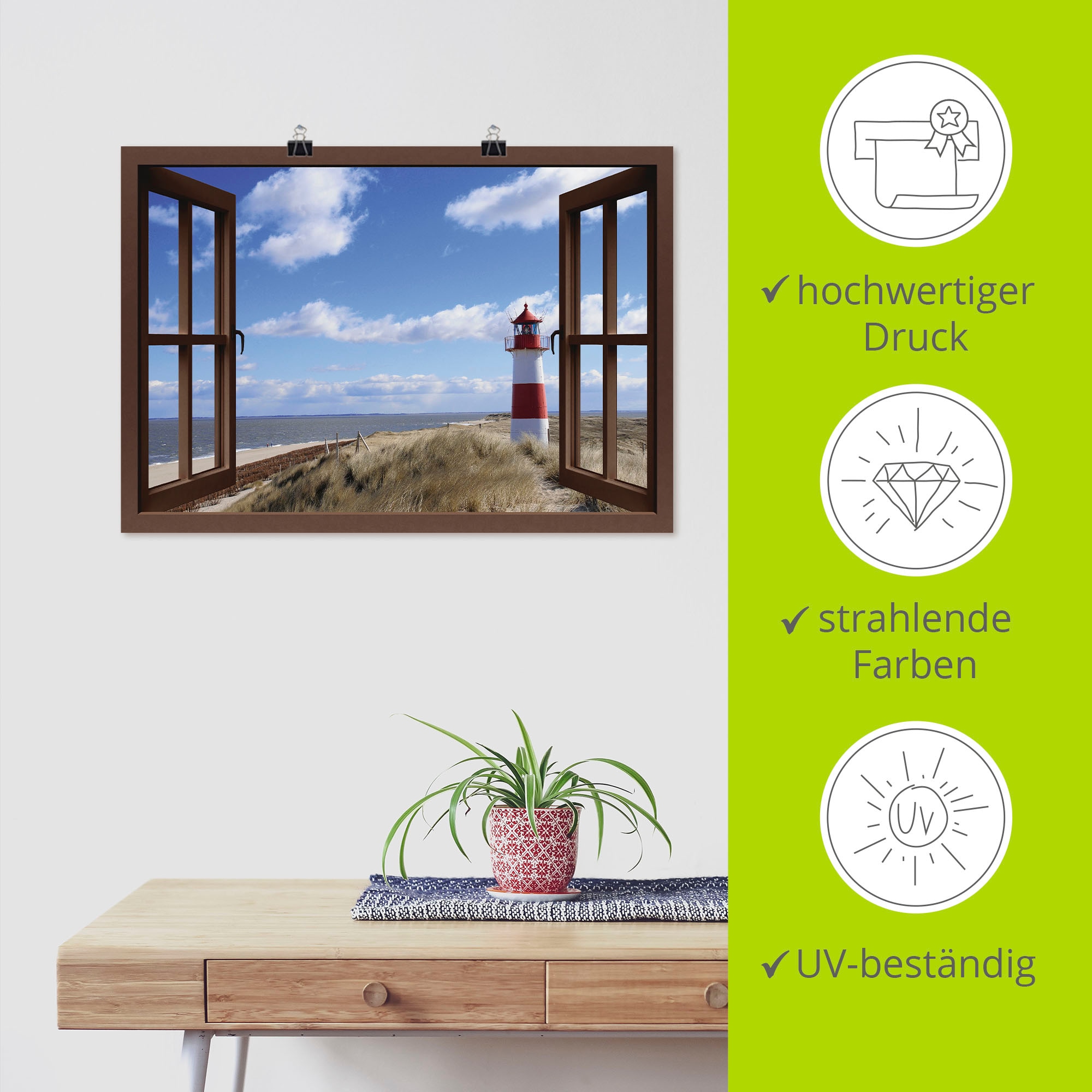 Artland Wandbild »Fensterblick - Leuchtturm Sylt«, Fensterblick, (1 St.), als Leinwandbild, Poster in verschied. Größen