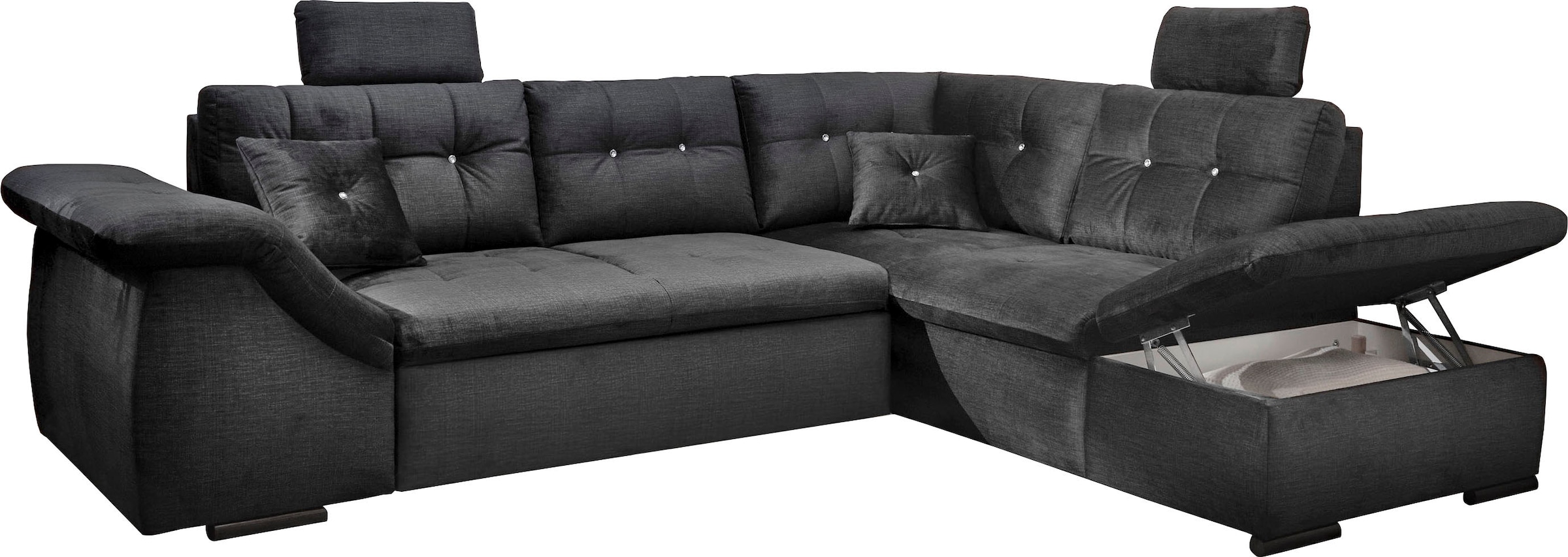 ED EXCITING DESIGN Ecksofa »Bolonia L-Form«, mit Bettfunktion, Bettkasten, Kopfstützen & 2 Zierkissen, Strasstein