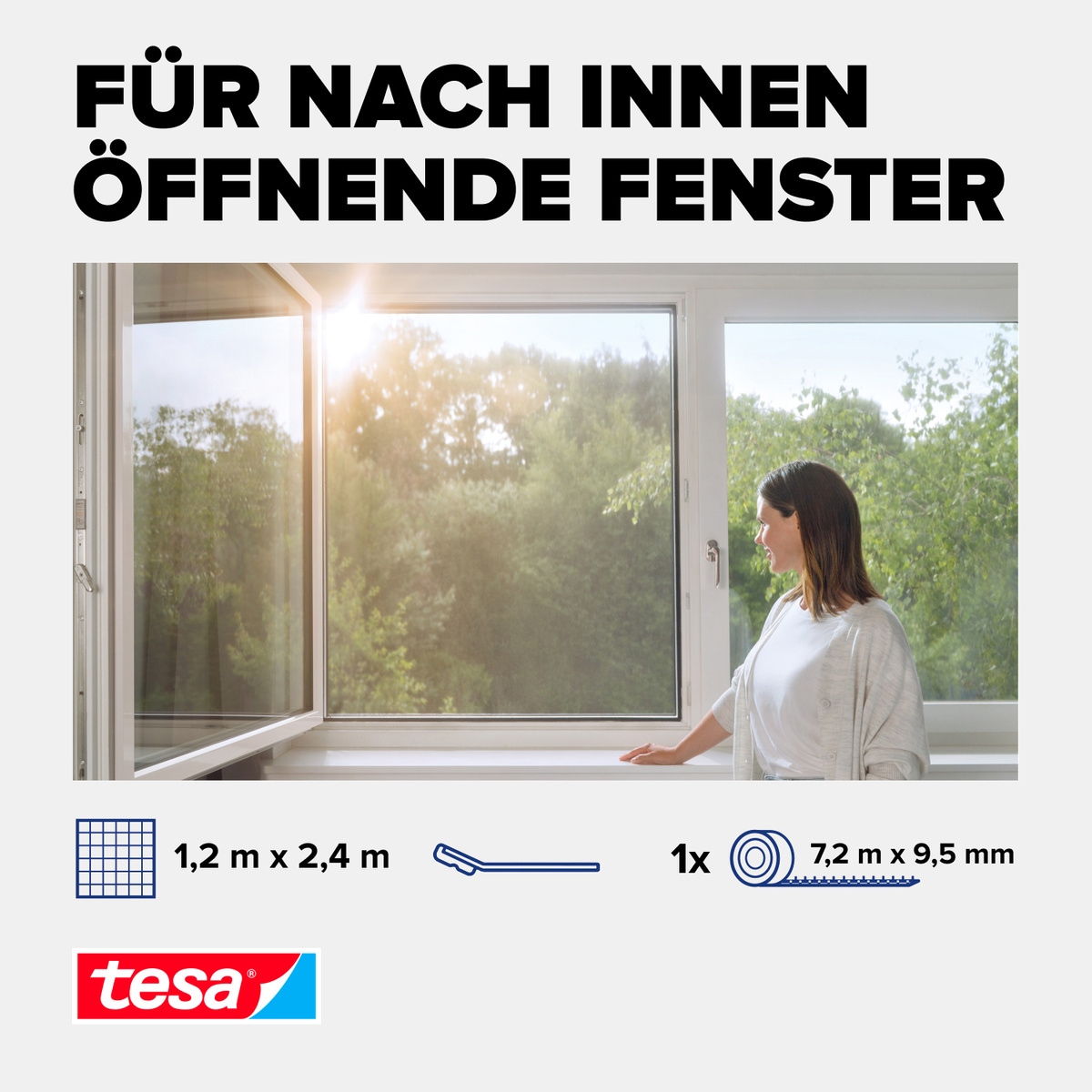 tesa Insektenschutz-Fensterrahmen »Pollenschutzgitter für Fenster - 1,2m x 2,4m«, Pollenschutzgitter - ohne Bohren- zuschneidbar -anthrazit