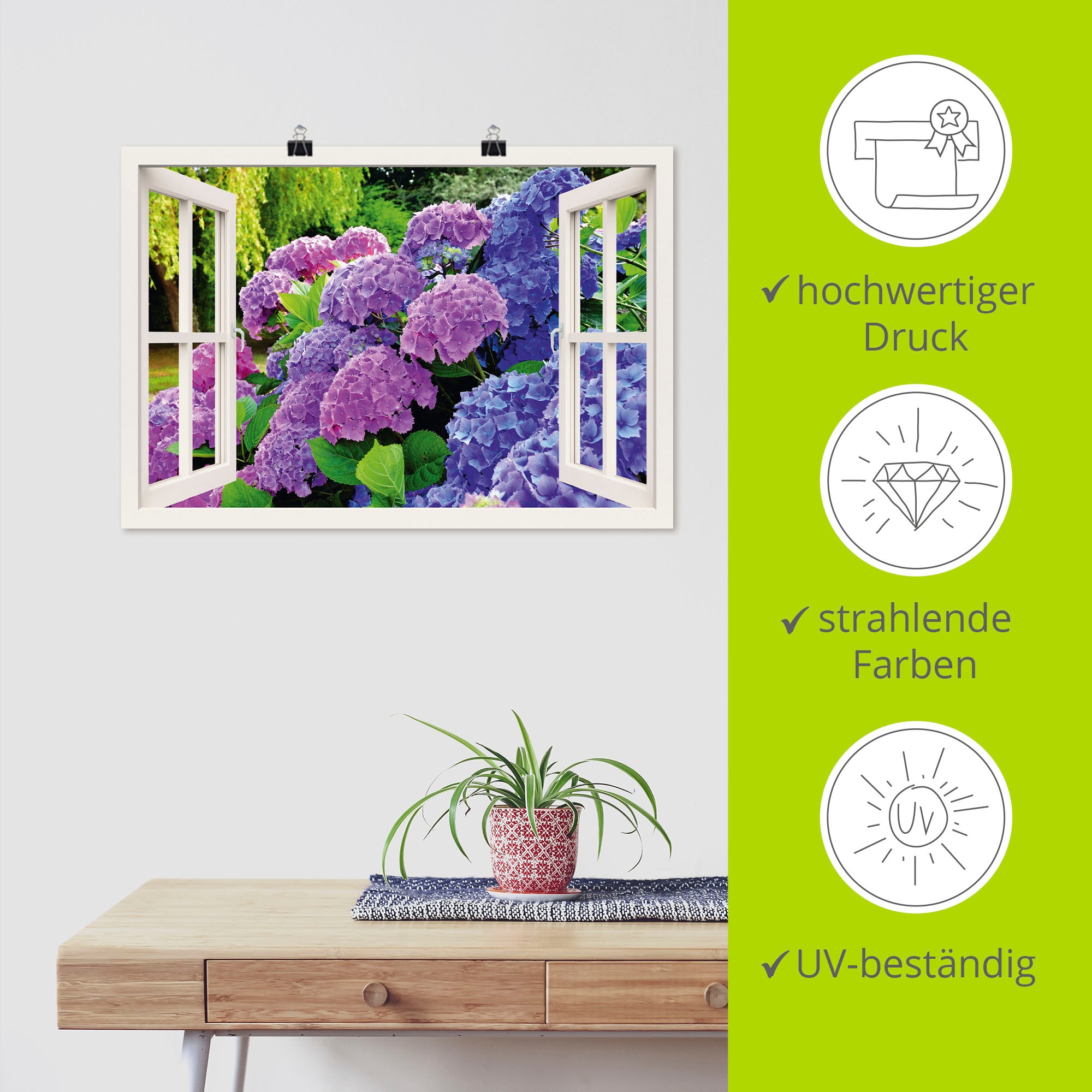 Artland Wandbild »Fensterblick Hortensien im Garten« Blumen 1 Stk. tlg. ohne Rahmen