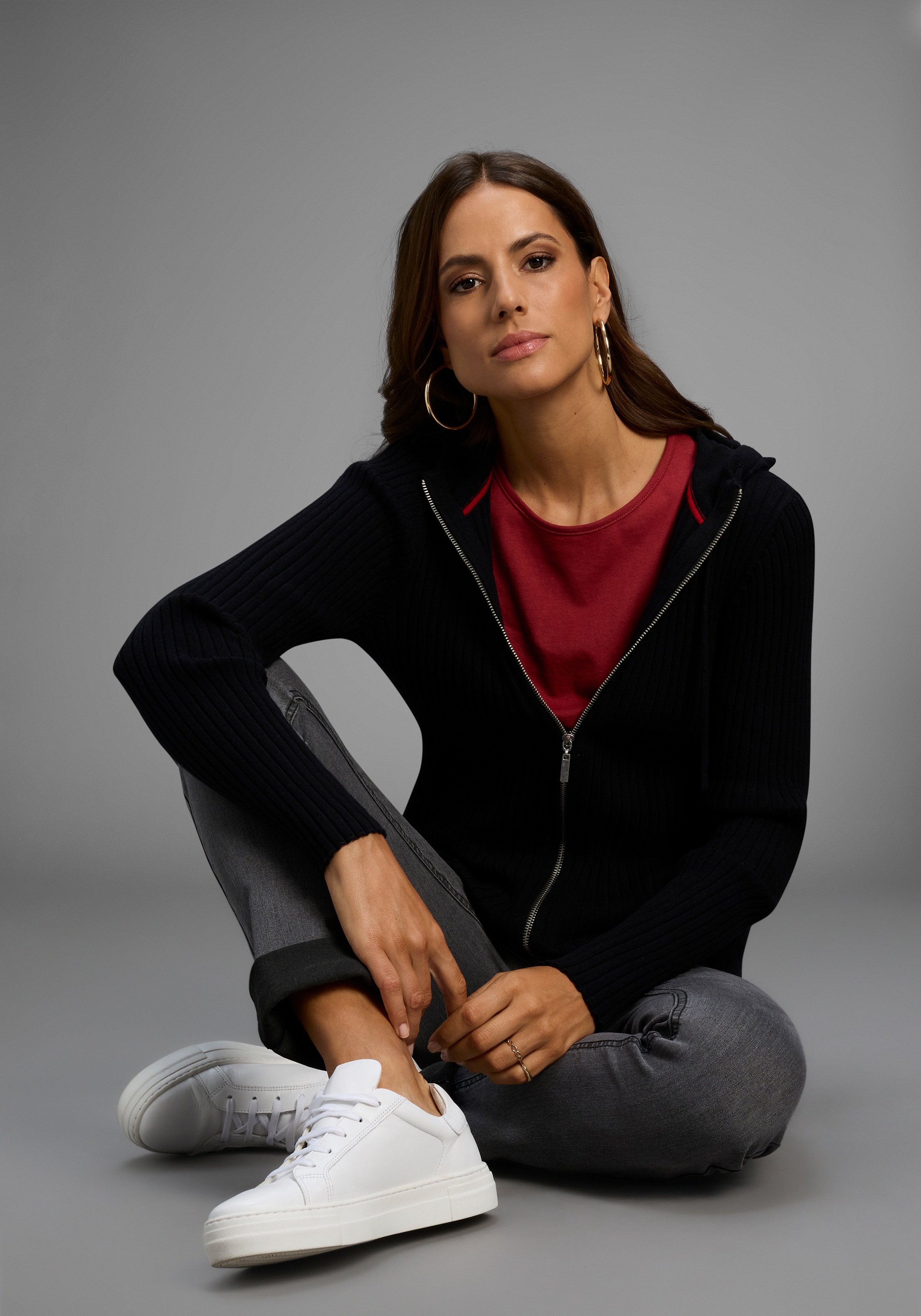 Laura Scott Kapuzenstrickjacke, mit 2-Wege-Reißverschluss aus Rippe - NEUE KOLLEKTION
