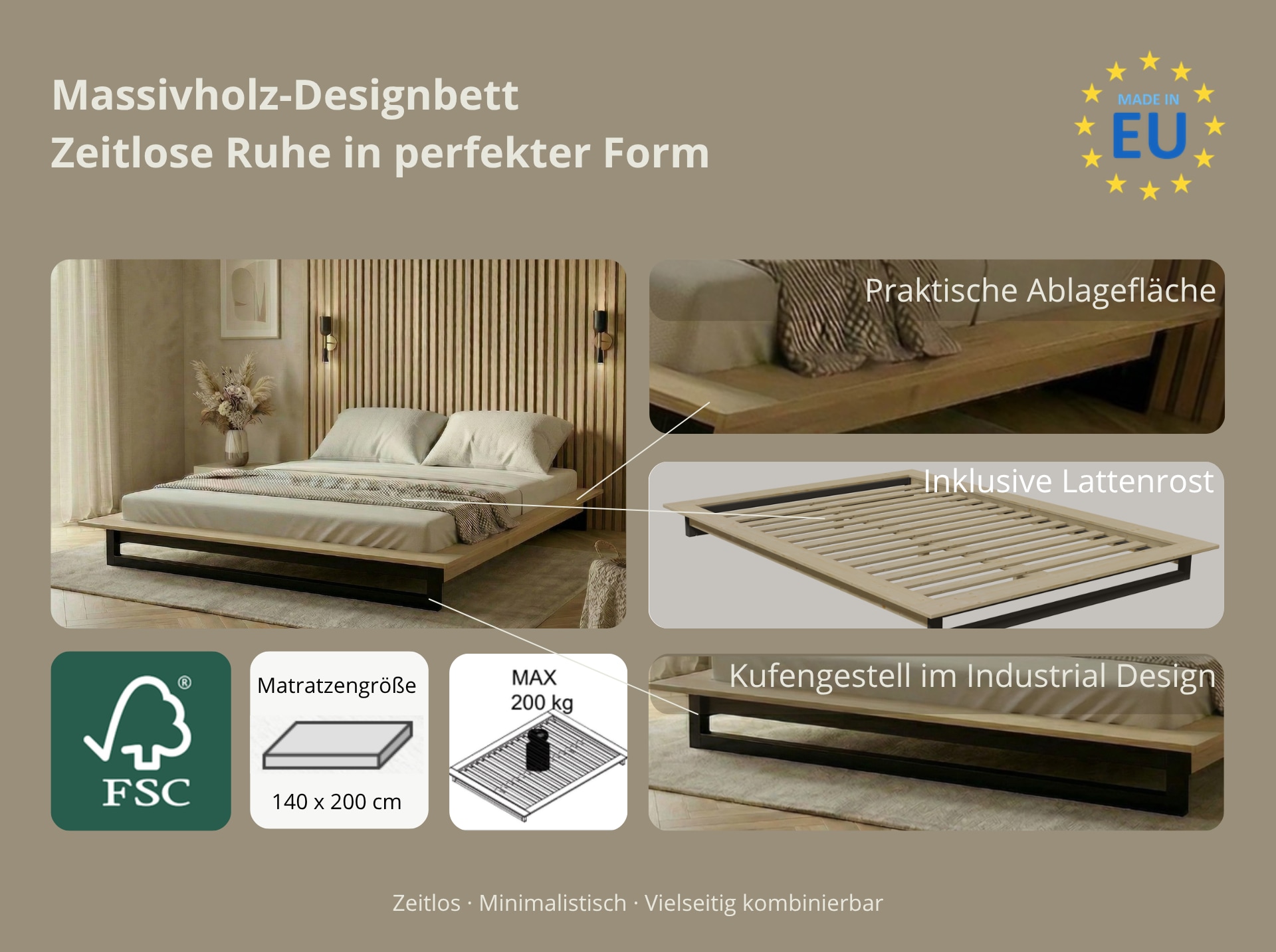 OTTO home Futonbett »Kobe, Massivholzbett aus Kiefer im Industrial Design, 200 KG belastbar« B/T/H:165/225/18,1 cm,  stabiles Kufengestell,  rundum Ablagefläche, FSC, Made in Europe