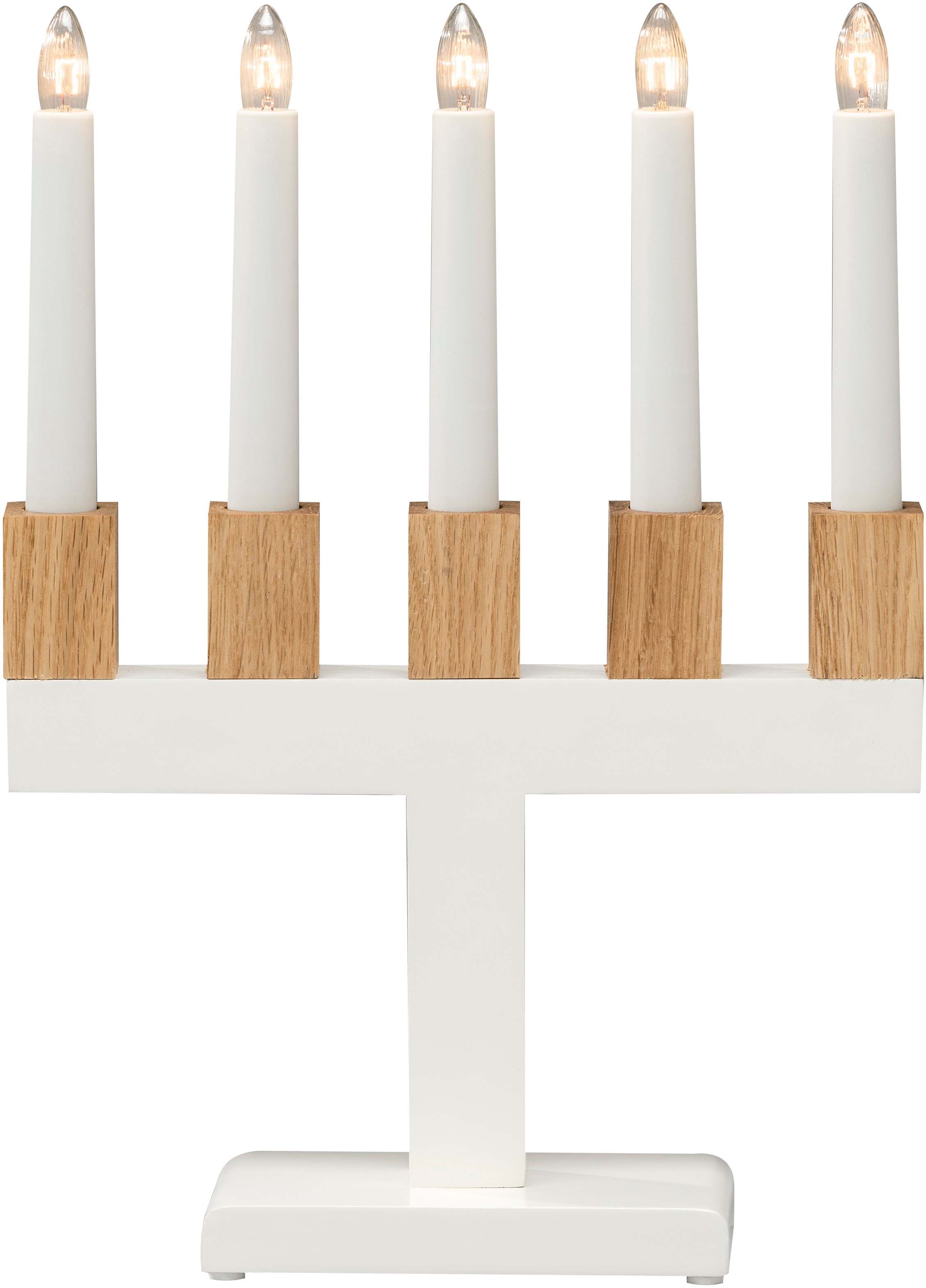 KONSTSMIDE Fensterleuchter »Holzleuchter«, lackiert, mit weiß BAUR 5 klare Kerzenhaltern, eichefarbigen Birnen | bestellen