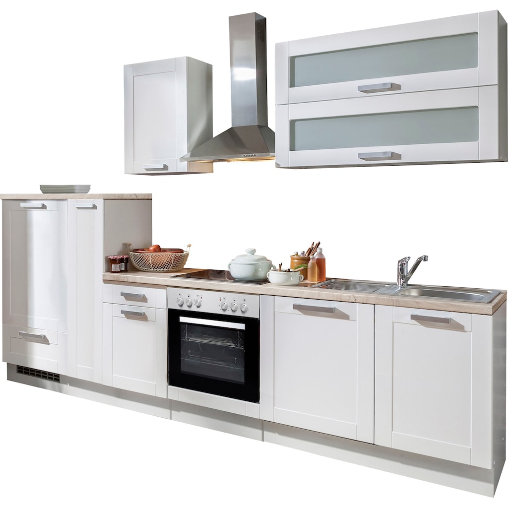 Menke Küchen Küchenzeile »White Premium Landhaus«, Küchenzeile mit E-Geräten, Breite 300 cm