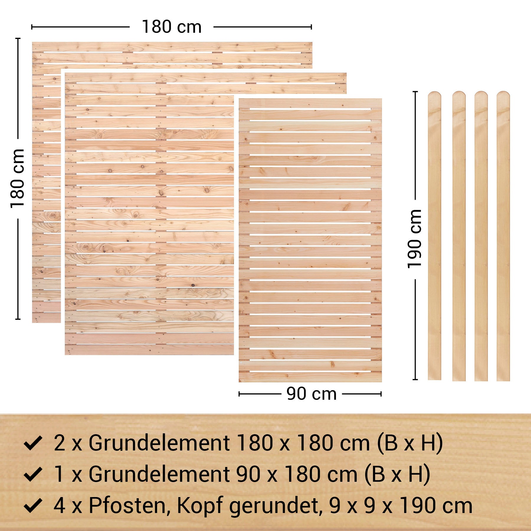 BM Massivholz Zaun »Kurt Set 2.1«, 2 Elemente 180 x 180cm, 1 Element 90x180cm, 4 Pfosten, Länge 190cm