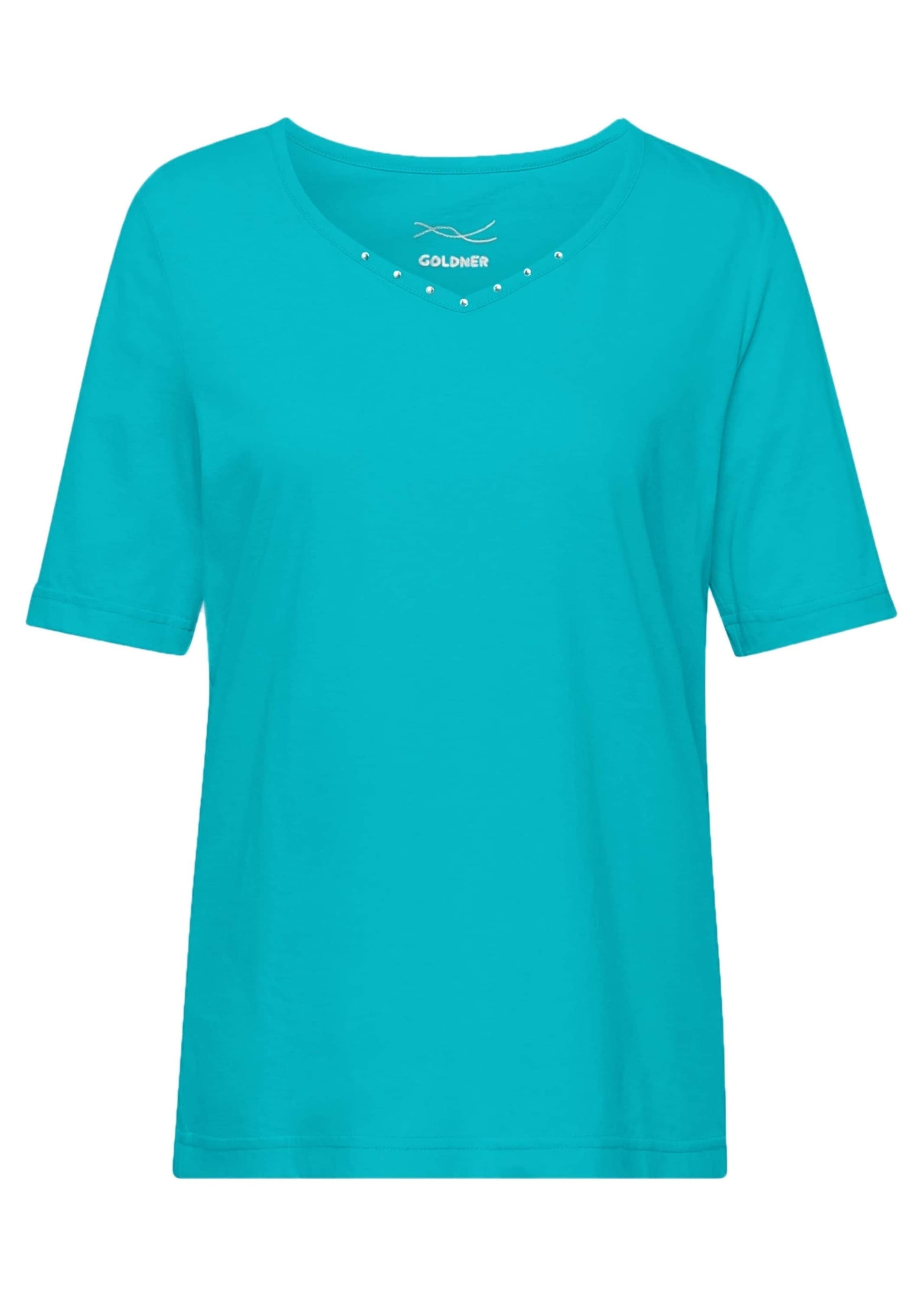 GOLDNER Damen Langarm-Poloshirt "T-Shirt mit charmantem Ausschnitt und Schmucksteinchen", blau, Gr. 46, Obermaterial: 95% Baumwolle CO. 5% Elasthan