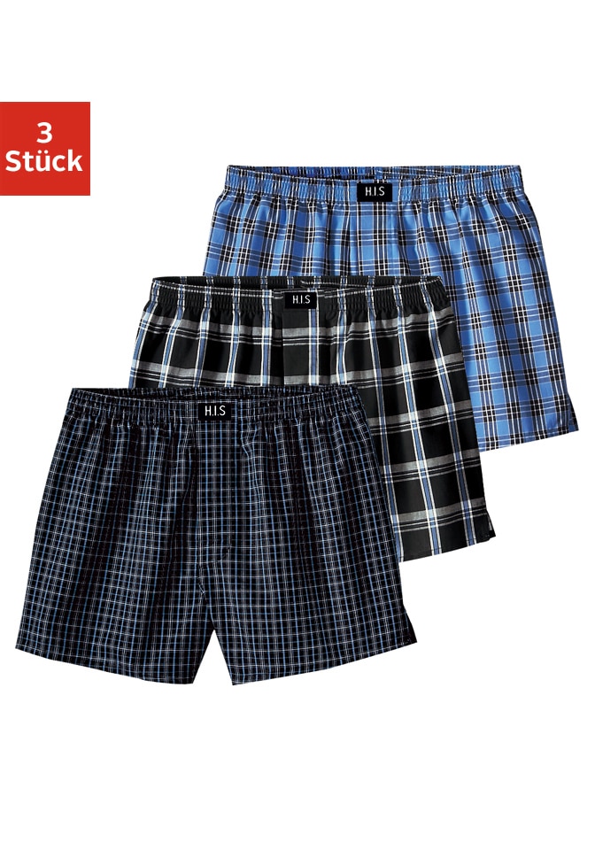 H.I.S Boxer "Boxershorts für Jungen" Packung, 3 Stk. kariert, mit Markenlabel, weite Beinform