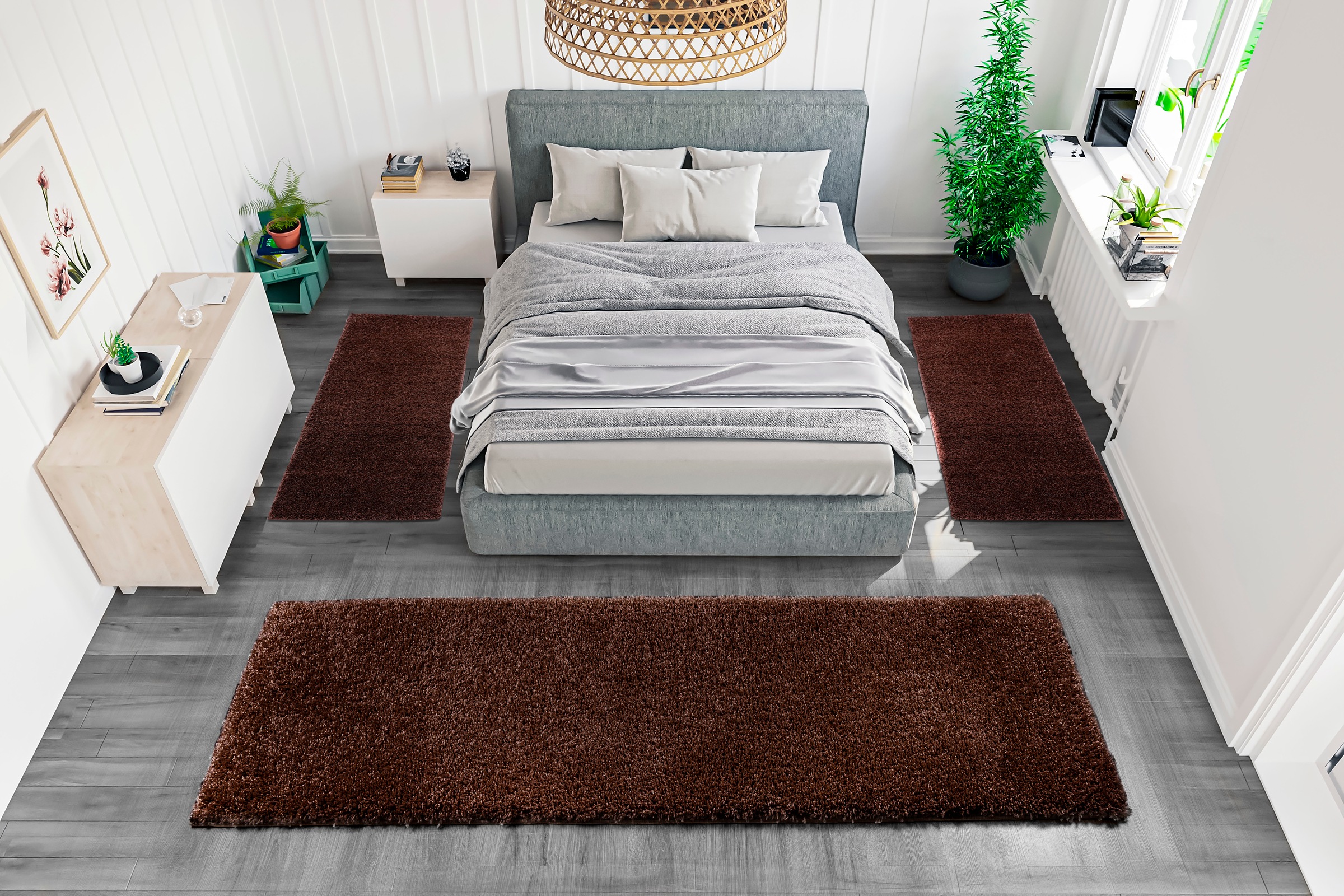 my home Bettumrandung »Shaggy 30«, (3 tlg.), gewebt, 2- oder 3-teilig, Bettvorleger, Läufer-Set, Uni-Farben