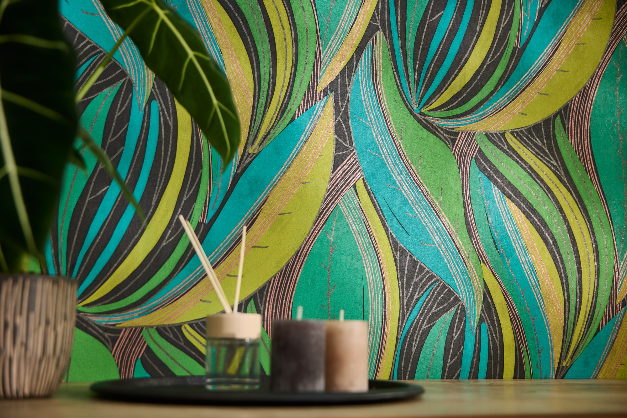 living walls "Dschungel-Tapete Türkis bunt strukturiert tropisch" botanisch strukturiert
