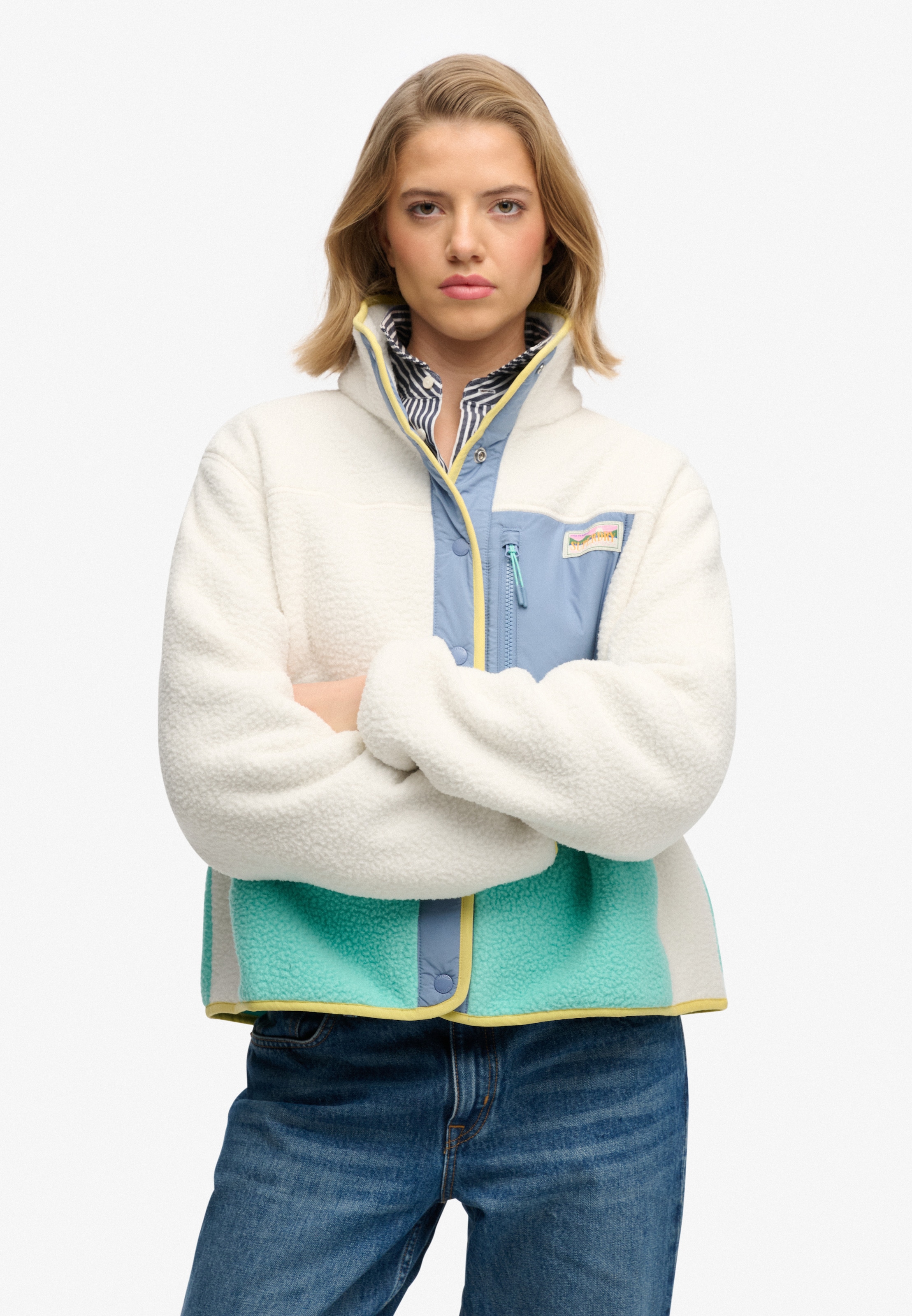 Superdry Fleecejacke »COLOUR BLOCK FLEECE JACKET« Kunstfaser, oversize, Colorblock, Superdry-Etikett an der Brusttasche