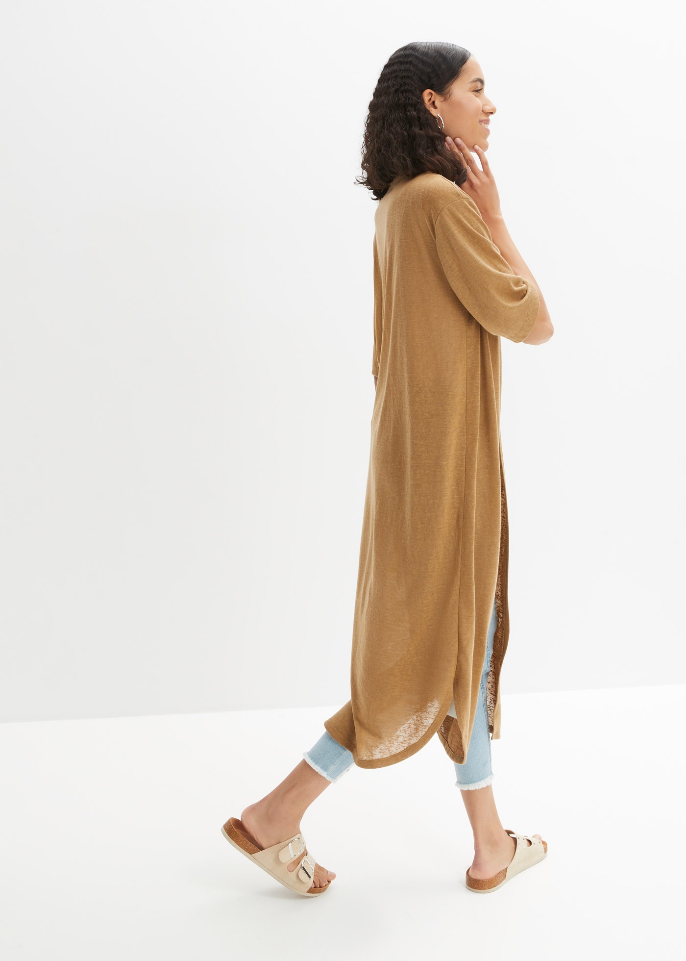 bonprix Strickmantel aus Polyester, Halbarm-Ärmel, offenes Design in Leinen günstig online kaufen