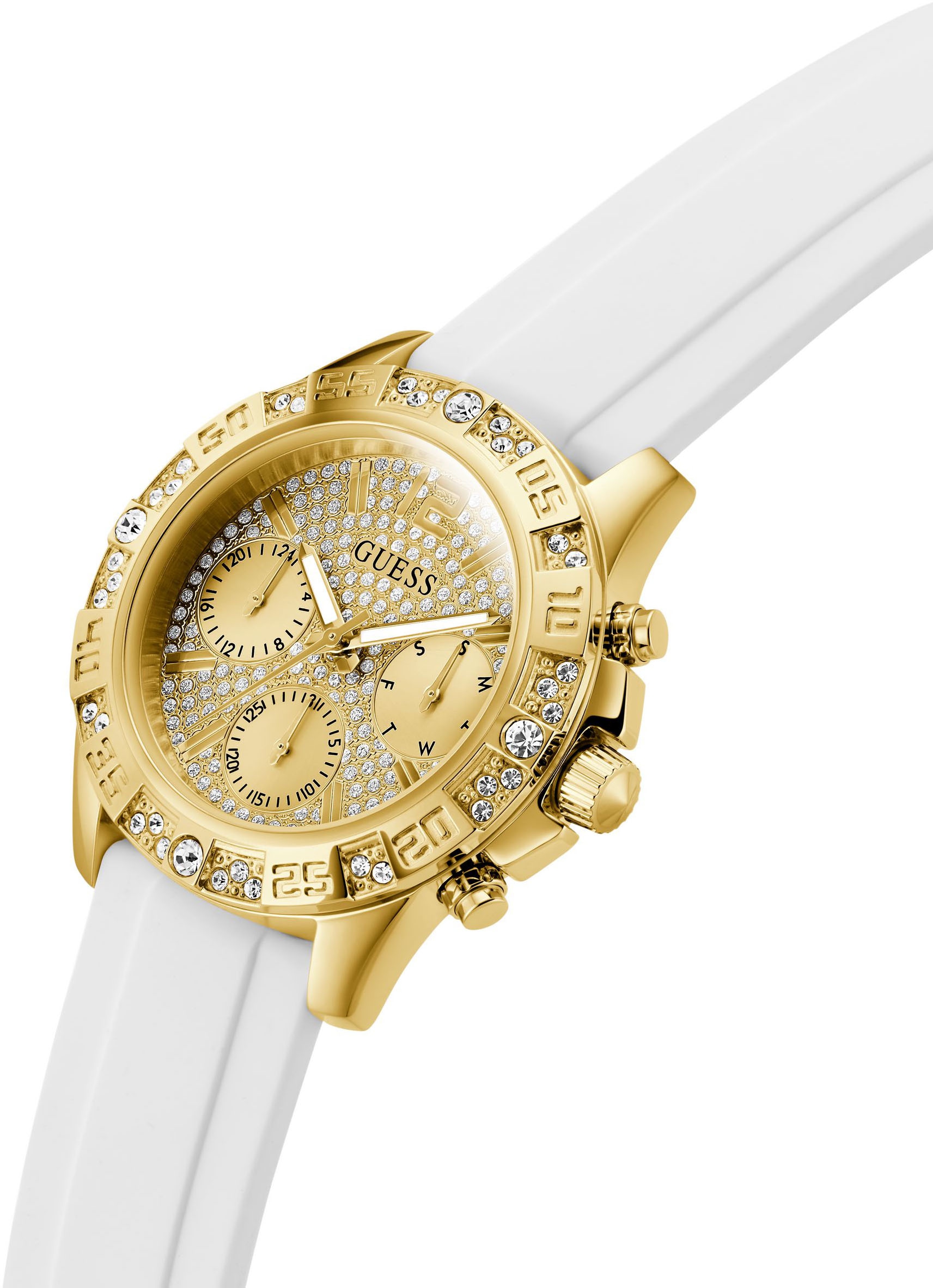 Guess Multifunktionsuhr »MAJESTY«, Quarzuhr, Armbanduhr, Damenuhr, Datum, Wochentag, Silikonarmband