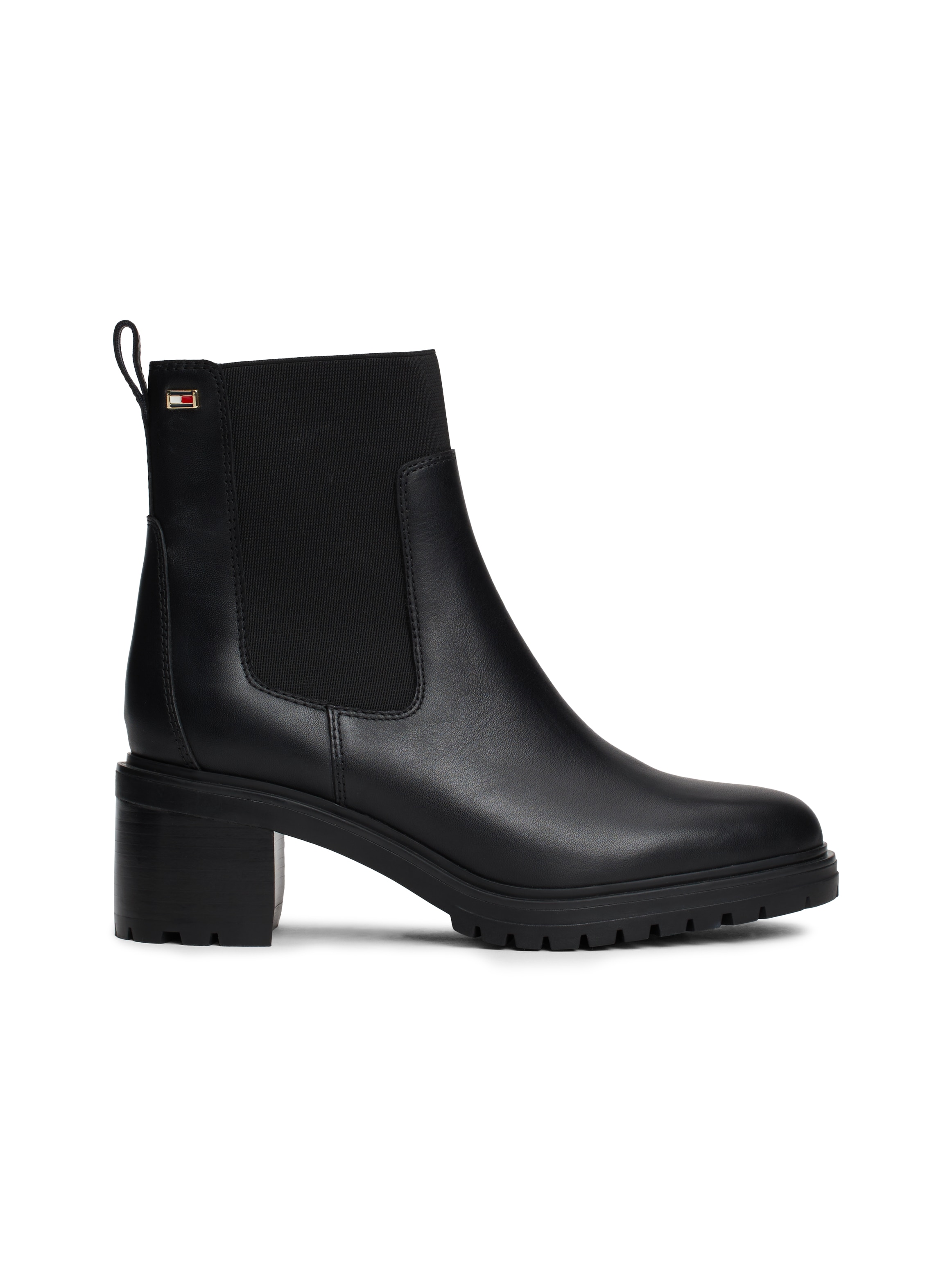 Tommy Hilfiger Chelseaboots »FLAG MID HEEL LEATHER CHELSEA«, Blockabsatz, Stiefelette, Schlupfboots mit seitlicher Logoflag