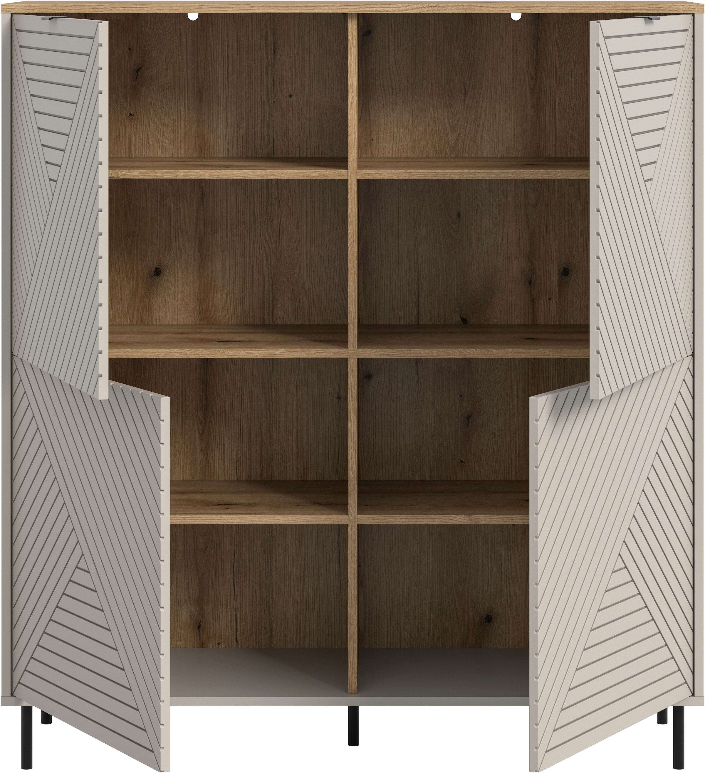 Home affaire Highboard »RAITA, Höhe 135 cm, Front mit Desgin-Fräsung, 4 Türen, viel Stauraum« moderne Farbkombi, individuell einsetzbar, Griffe & Füße aus Metall,  Kommode, Anrichte, Schrank, Sideboard, Lowboard