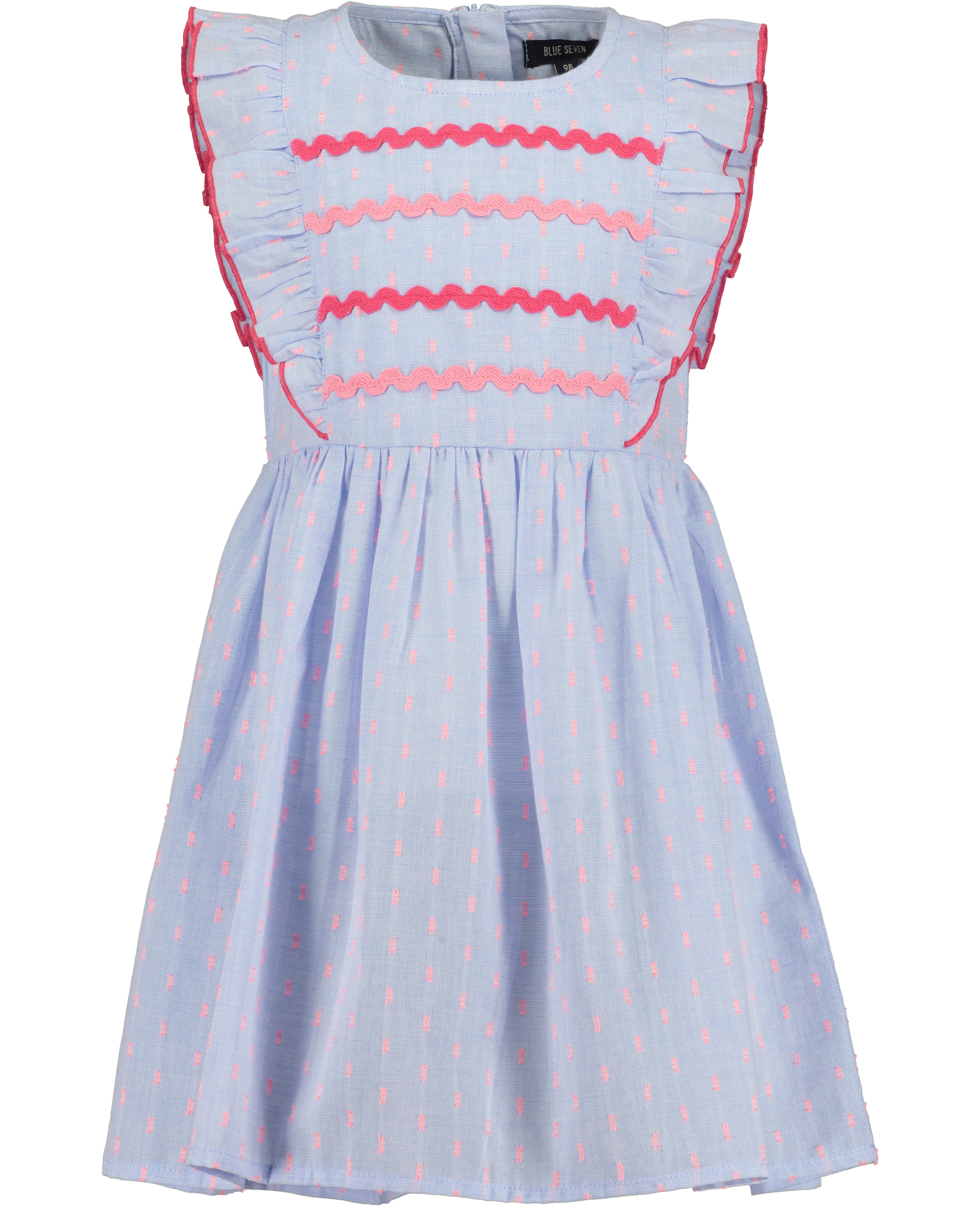 Sommerkleid BLUE SEVEN, Mädchen, Gr. 134, N-Gr, mittelblau, Web, Obermaterial: 100% Baumwolle, kontrastfarbene Details, unifarben, Basic knieumspielend, Rundhals, Volant, Kleider Sommerkleid 3