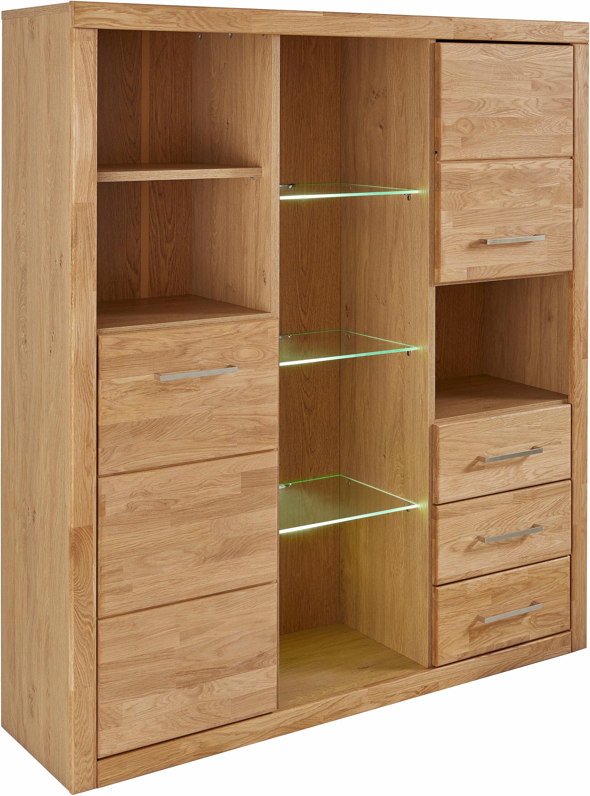 Home affaire Highboard »Ribe,130cm breit145cm hoch,Fronten Massivholz,12 Fächer«, Korpus aus Holzwerkstoff, Metall Griffe,Böden versetzbar
