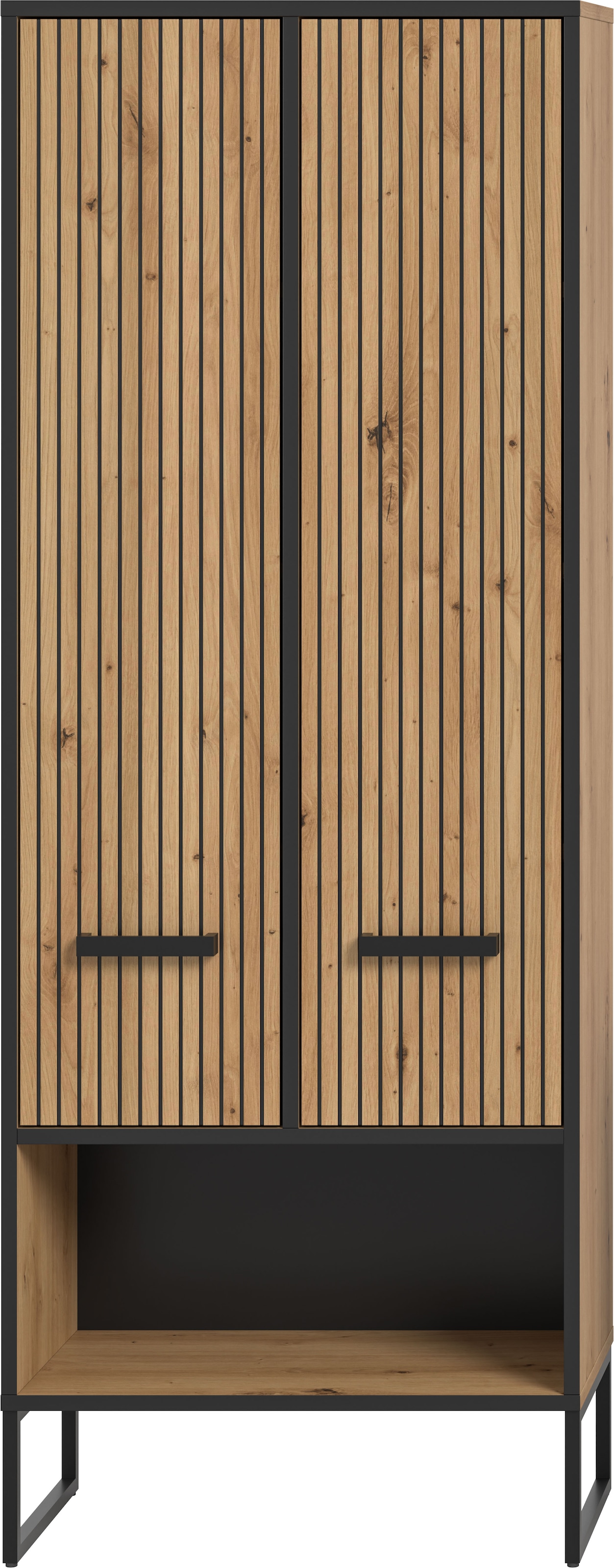 welltime Hochschrank »LOCRI, Höhe 159 cm, 2 Türen, 6 Einlegeböden, 1 offenes Fach« industrial Look mit Rillenoptik & Metall Kufen, 1 Stk. tlg. variable Einlegeböden, modernes Design, Badschrank, Bad