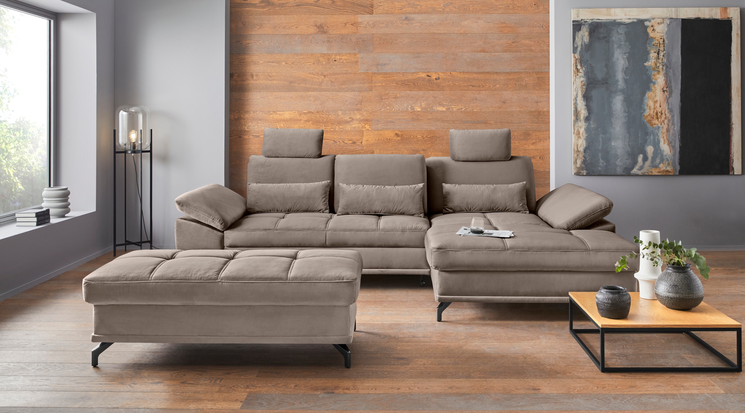 OTTO home Ecksofa "Costello L-Form, B: 301cm, Sitztiefen & Armteilverstellung, Federkern" 3 Nierenkissen, mit Schlaffunktion & Bettkasten