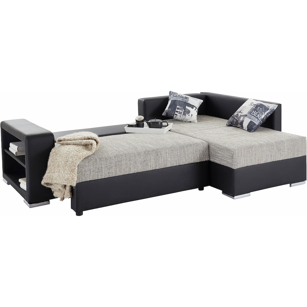 Ecksofa John mit Bettfunktion, Bettkasten und Regalarmteil