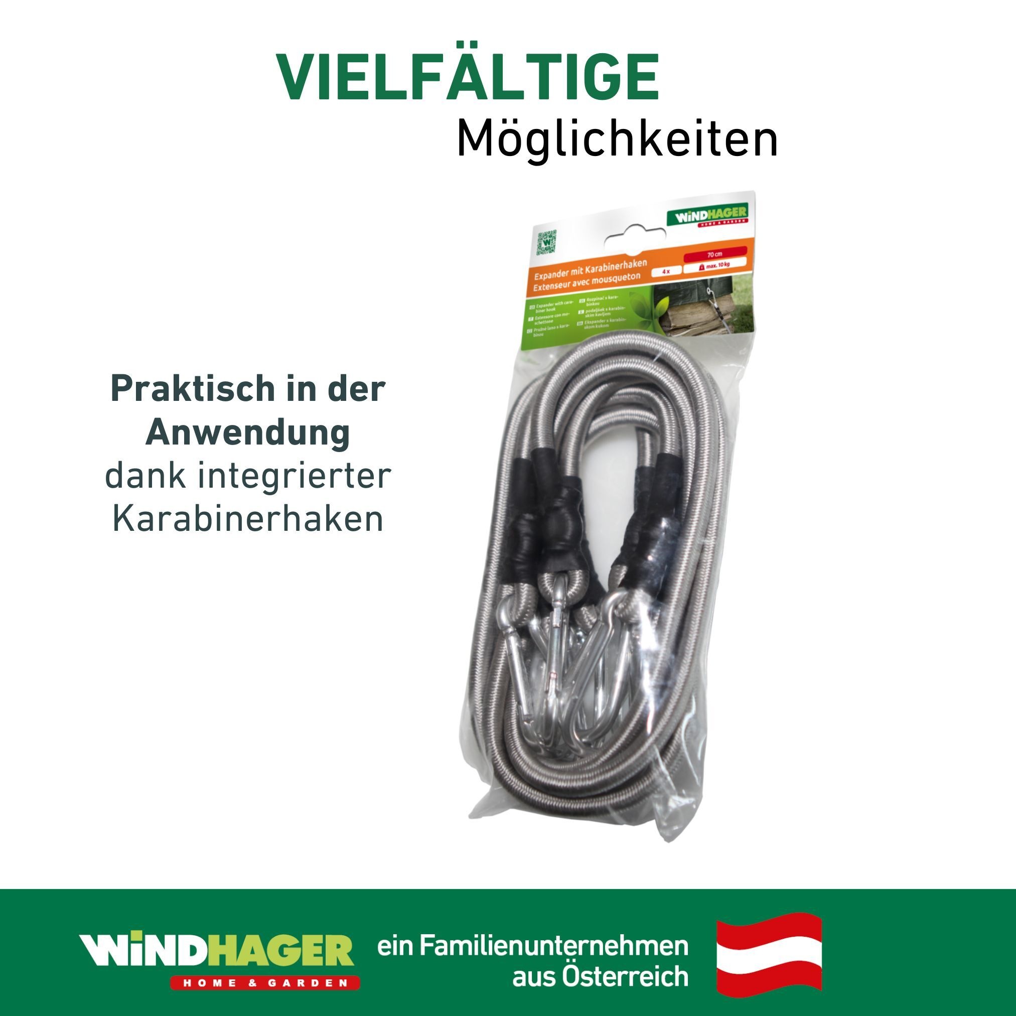 Windhager Seilhaken »Expanderseil inkl. Karabinerhaken, 4 Stk., elastisches Spannseil« zur Transportsicherung und fixieren von Sonnensegel, 70 cm