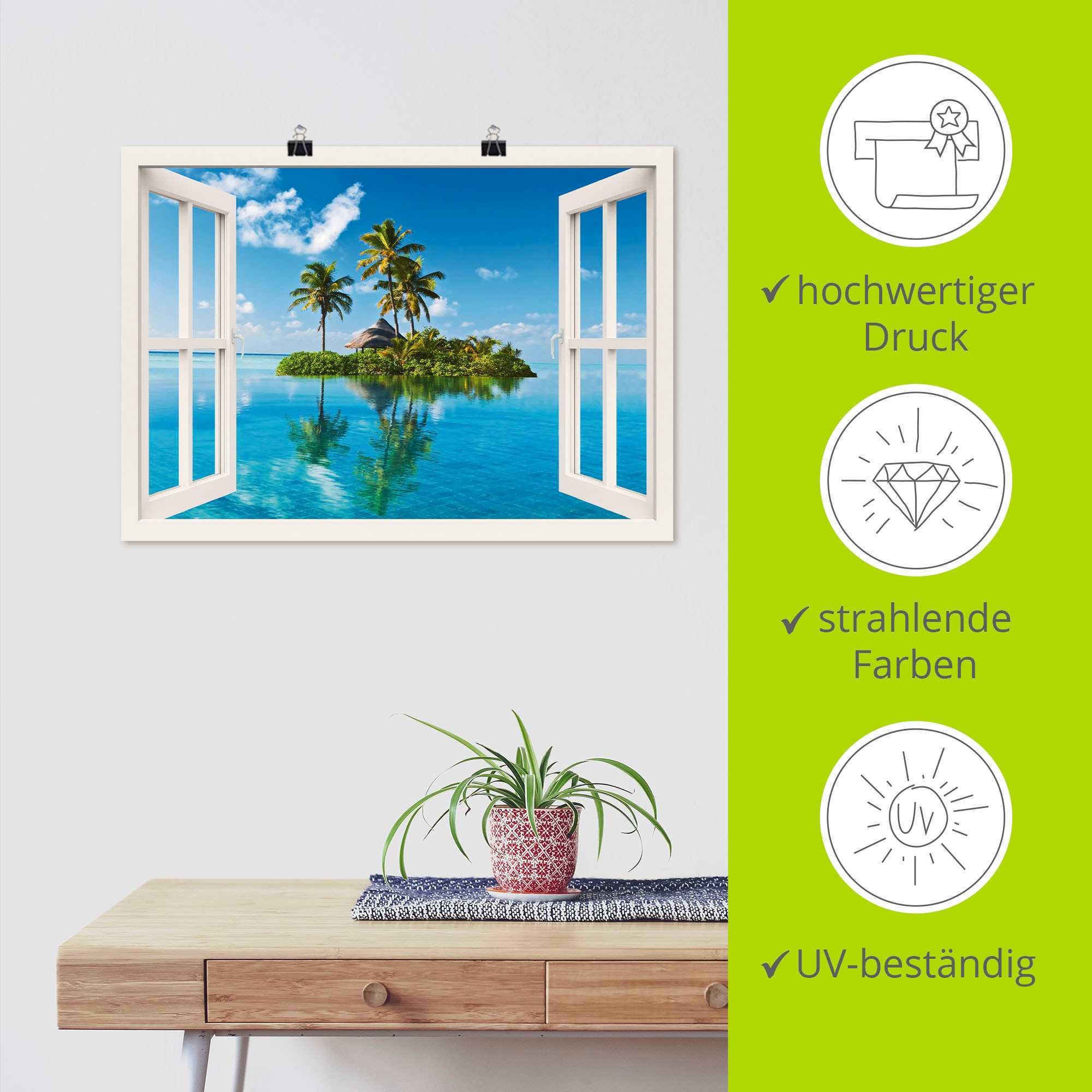 Artland Wandbild »Fensterblick Insel Palmen Meer«, Fensterblick, (1 St.), als Leinwandbild, Poster, Wandaufkleber in verschied. Größen