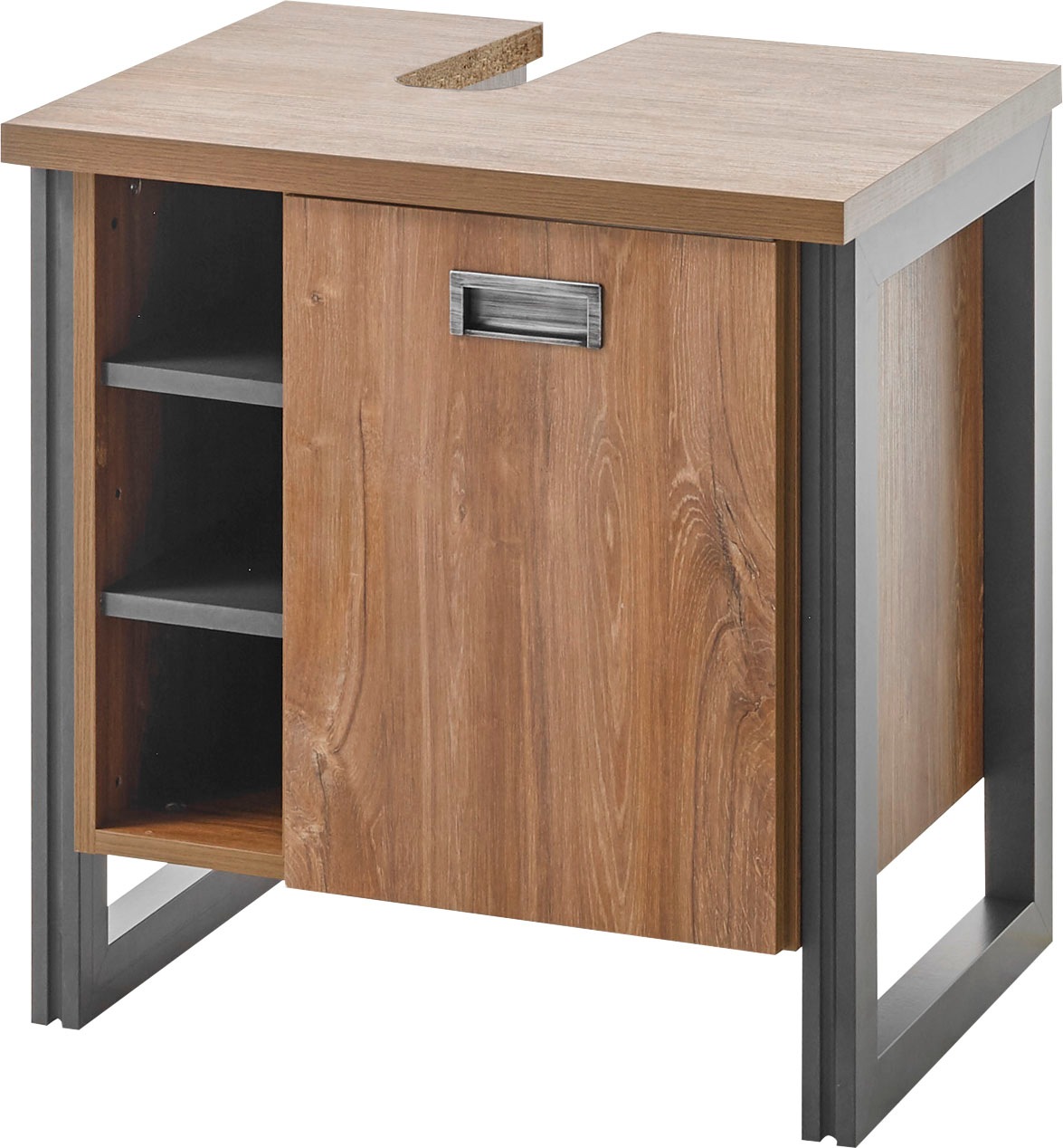 Home affaire Badmöbel-Set »Detroit, Bad im Industrialdesign, inkl. LED, 2-teiliges Badezimmer«, (2 St.), Unterschrank mit offenen Fächern & Stauraum, holzfarben, Rundspiegel