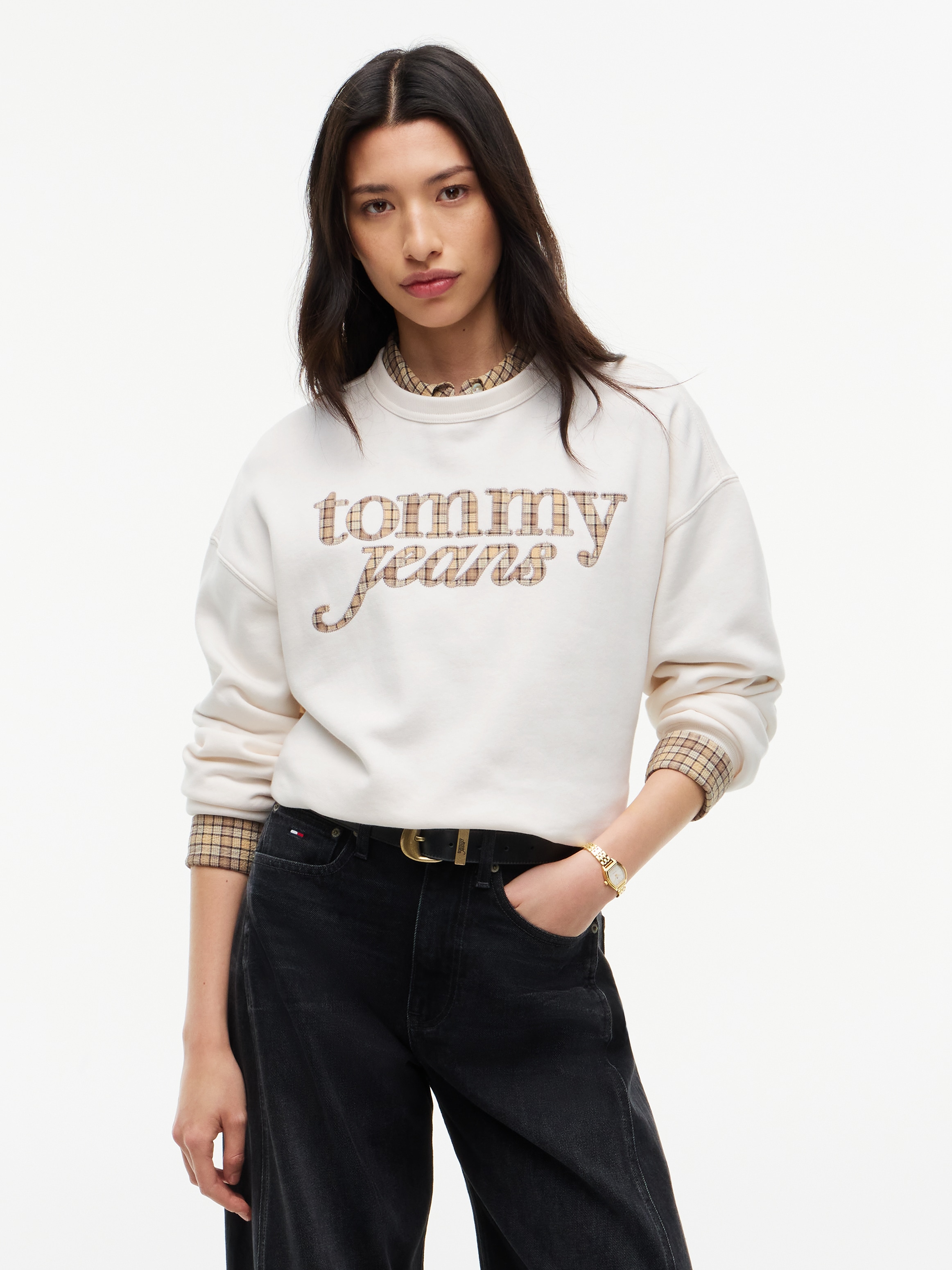 Tommy Jeans Sweatshirt "TJW BXY CHECK SCRIPT CREW", Baumwollmischung