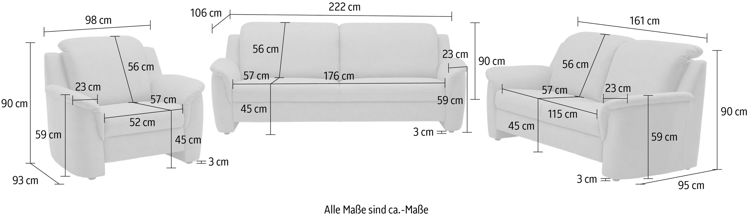 VILLA BECK Polstergarnitur »Garda«, (3 tlg.), Kopfteilverstellung, besteht aus 2,5-Sitzer, 2-Sitzer und Sessel