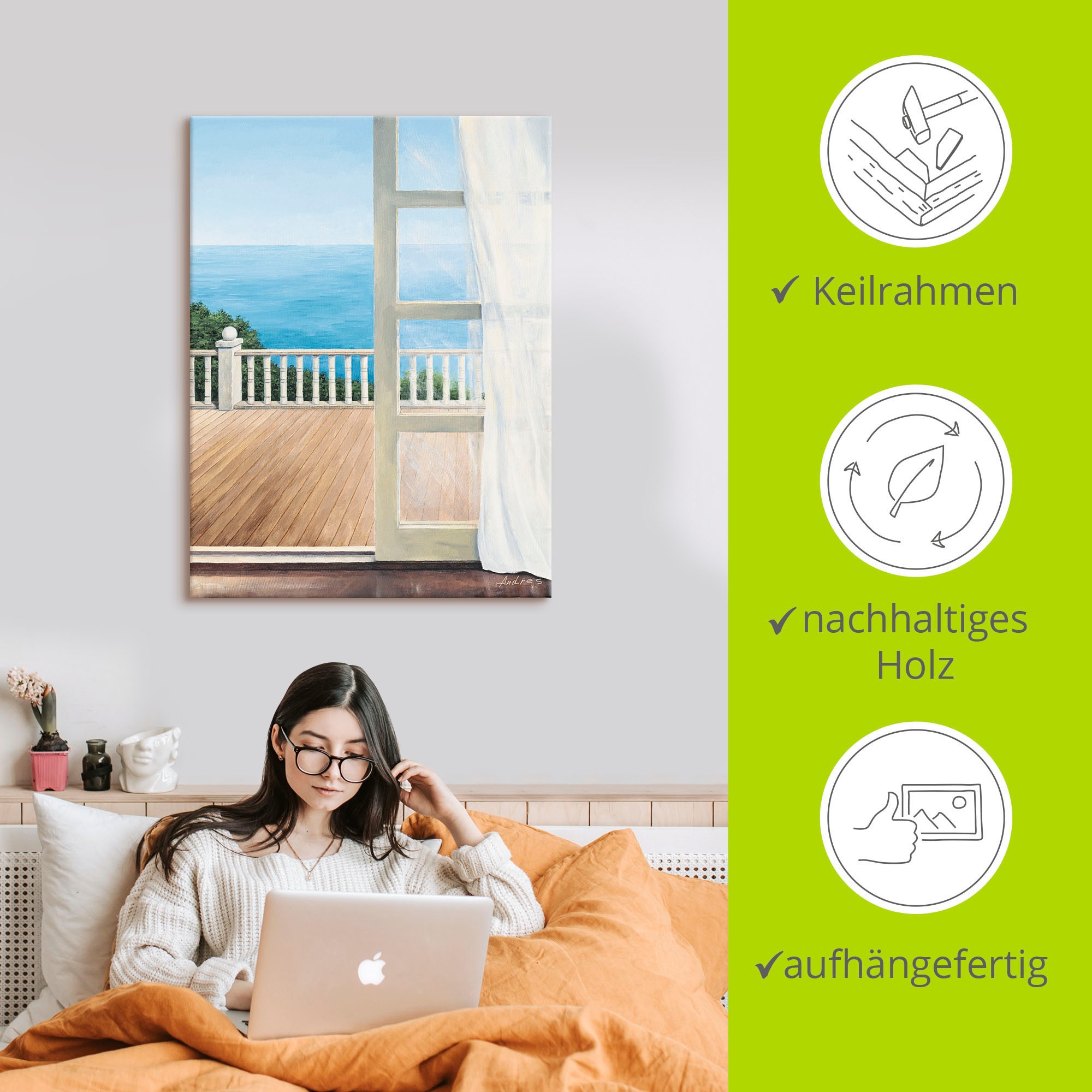 Artland Poster »Veranda mit Meerblick«, Fensterblick, (1 St.), auf Keilrahmen gespannt