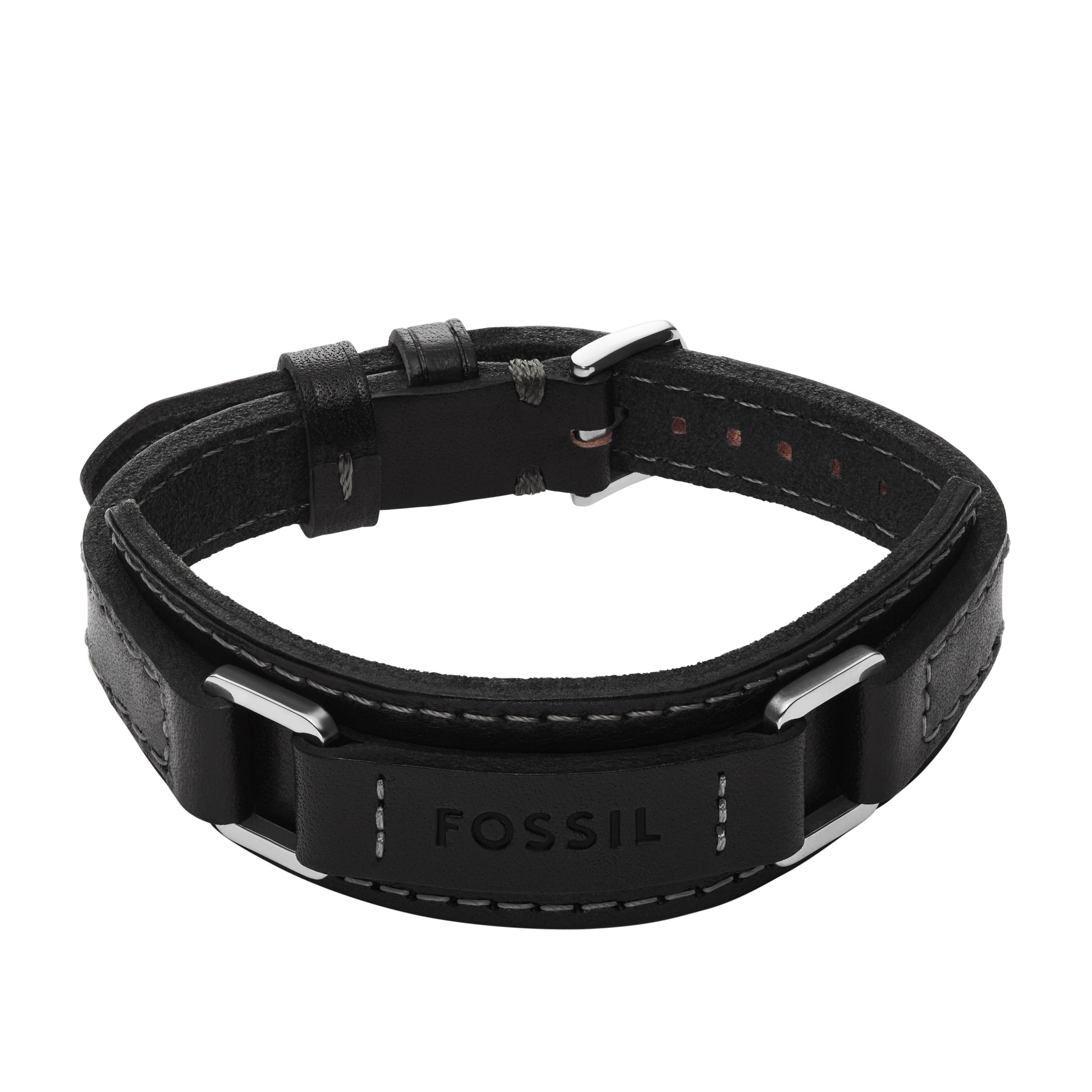 Armband FOSSIL "Schmuck Geschenk Metall, Leder, Textil MACHINE", edelstahlfarben, schwarz, Armbänder, Damen, 26cm, Edelstahl Leder Textil, Edelstahl, Leder, Textil, Armband 2