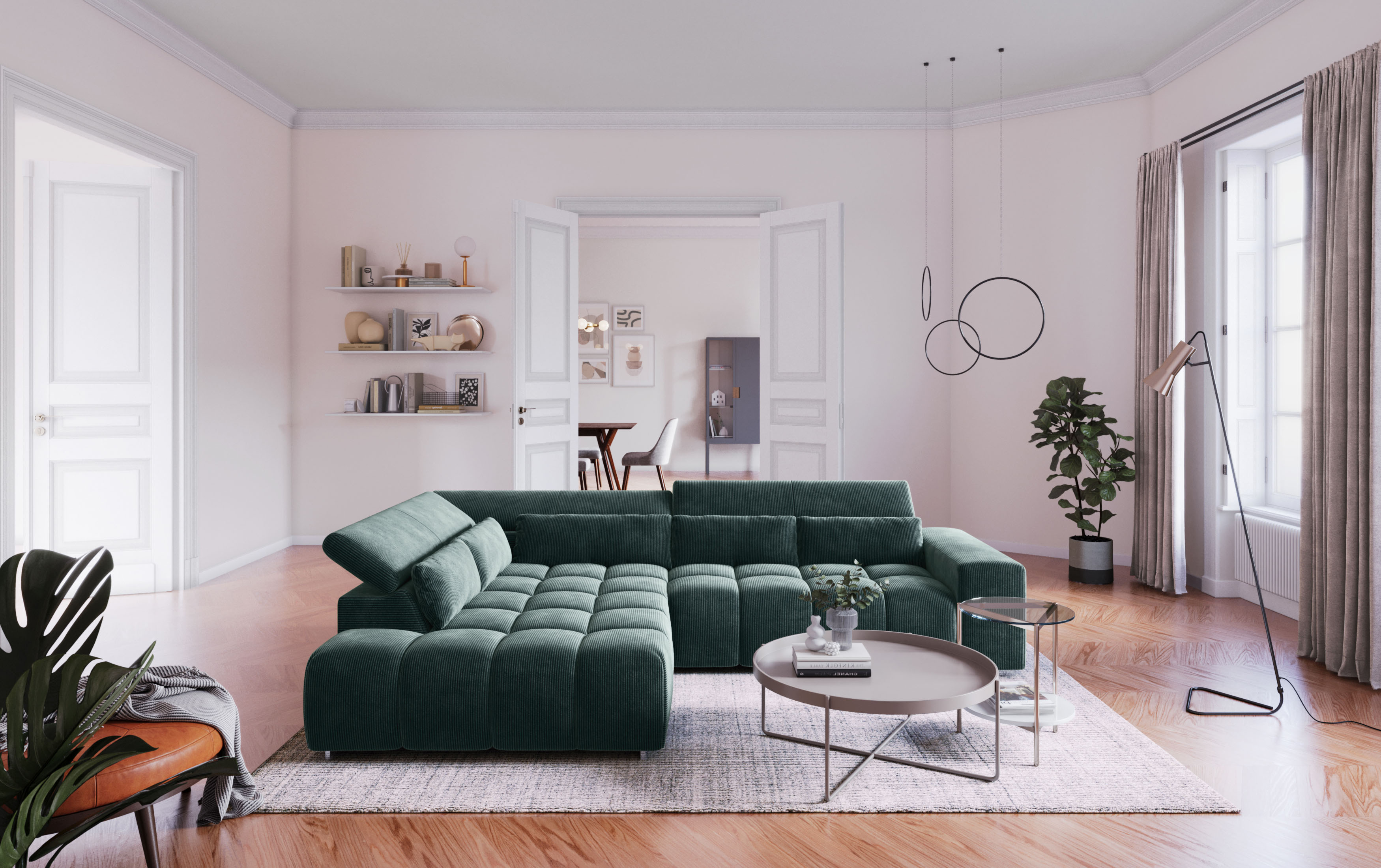 COTTA Ecksofa "Orion L-Form, B: 310 cm, moderne Steppung, bequeme Wellenunterfederung" Kopfteilverstellung & 5 Nierenkissen