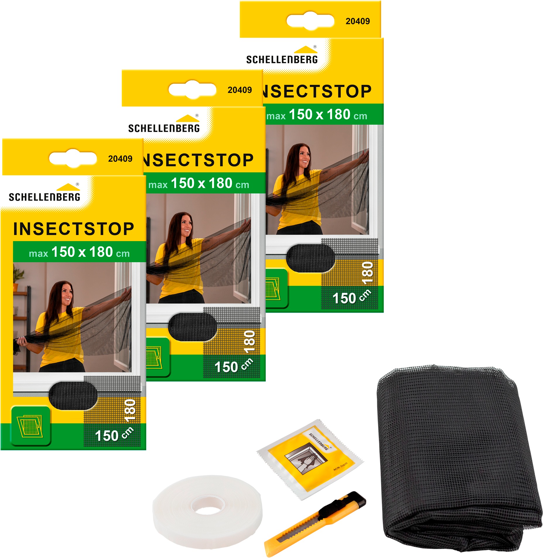 SCHELLENBERG Fliegengitter-Gewebe "Insektenschutz und Mückenschutz für Fenster ohne bohren", B/H: 150cm x 180cm, 3er Pack, grau,