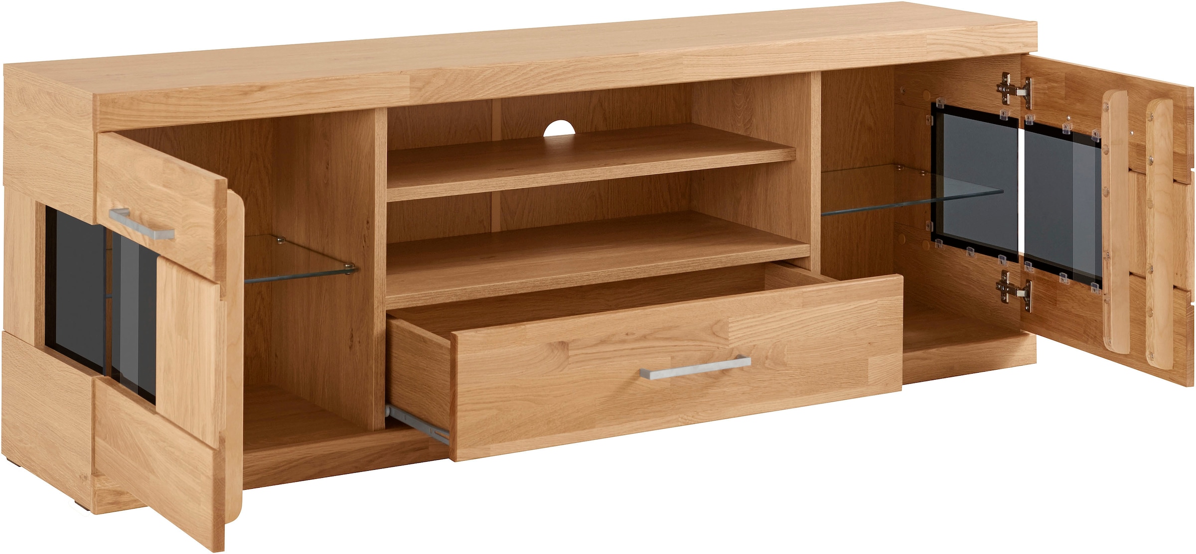 Home affaire Lowboard »Ribe,160cm breit, Fronten Massivholz,6 Fächer,Kabeldurchführung«, Korpus Holzwerkstoff,Glaseinsatz aus gehärtetem Glas,Böden versetzbar